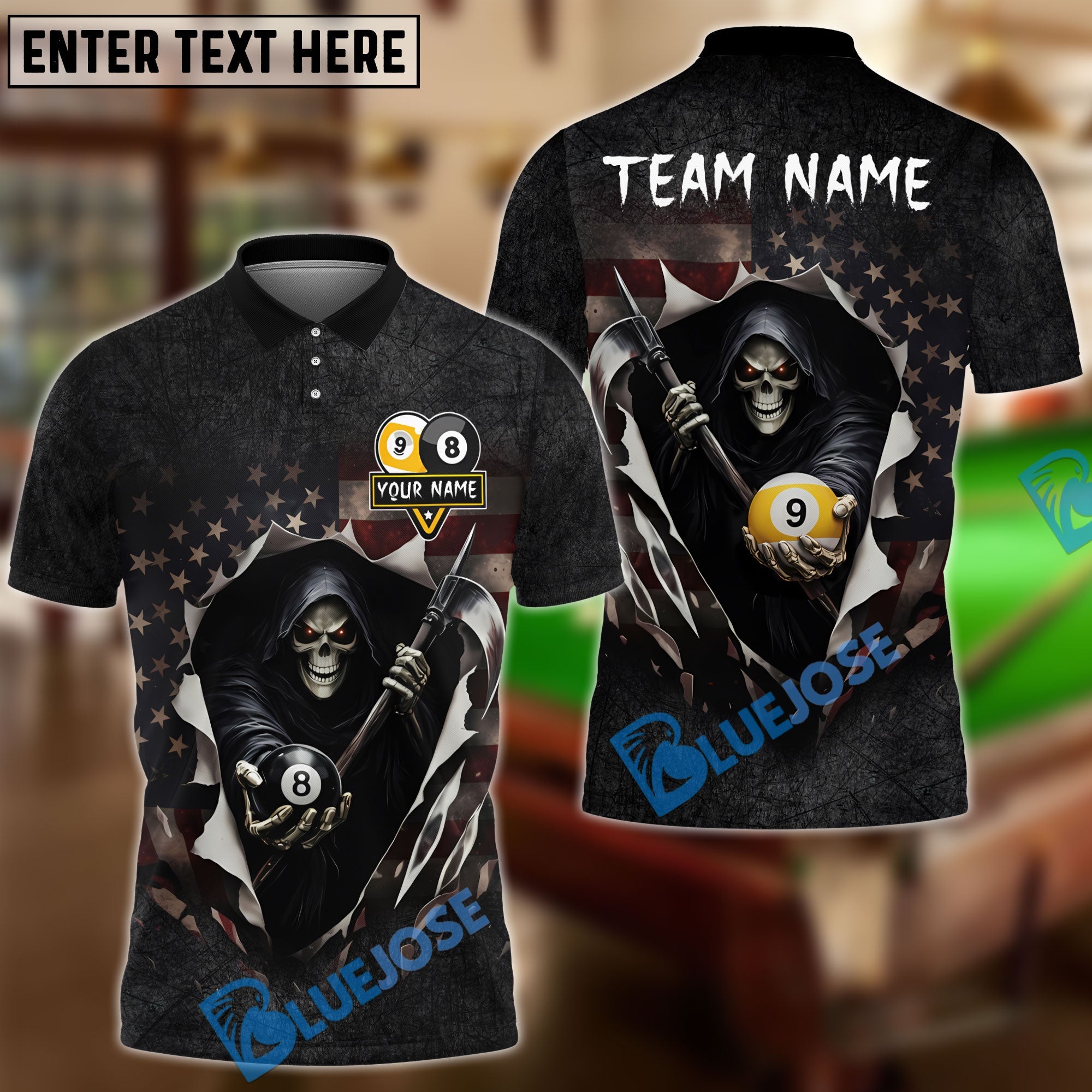 BlueJose Billiards Ball 8 And 9 American Flag Reaper Personalized Shirt (2 Colors)