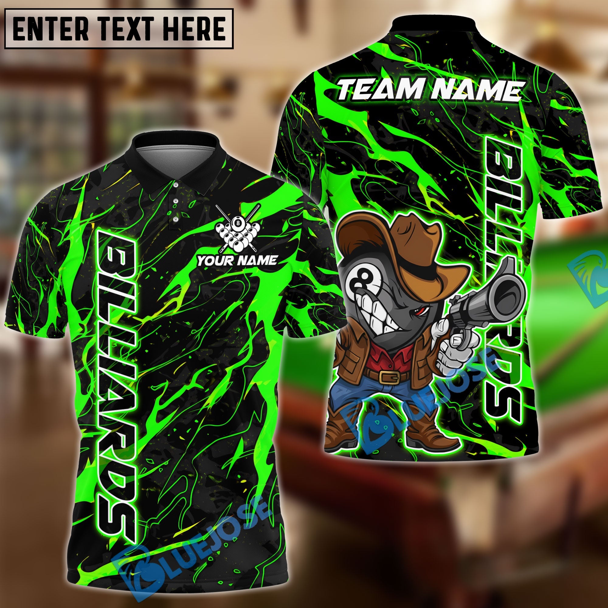 BlueJose Billiards Cowboy 8 Ball Lightning Splash Street Art Customized Name, Team Name 3D Shirt (6 Colors)
