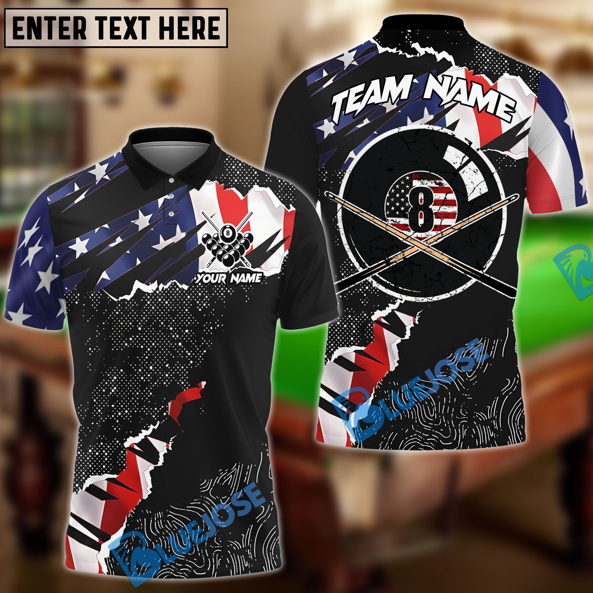 BlueJose Billiards 8 Ball Ripped American Flag Personalized Shirt