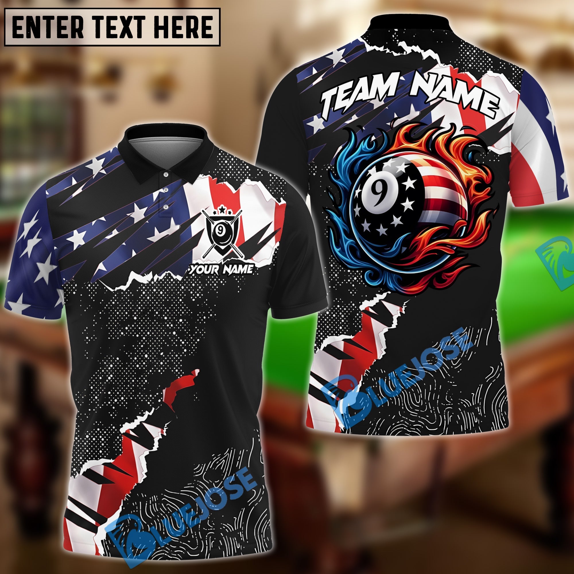 BlueJose Billiards 9 Ball Ripped American Flag Personalized Shirt