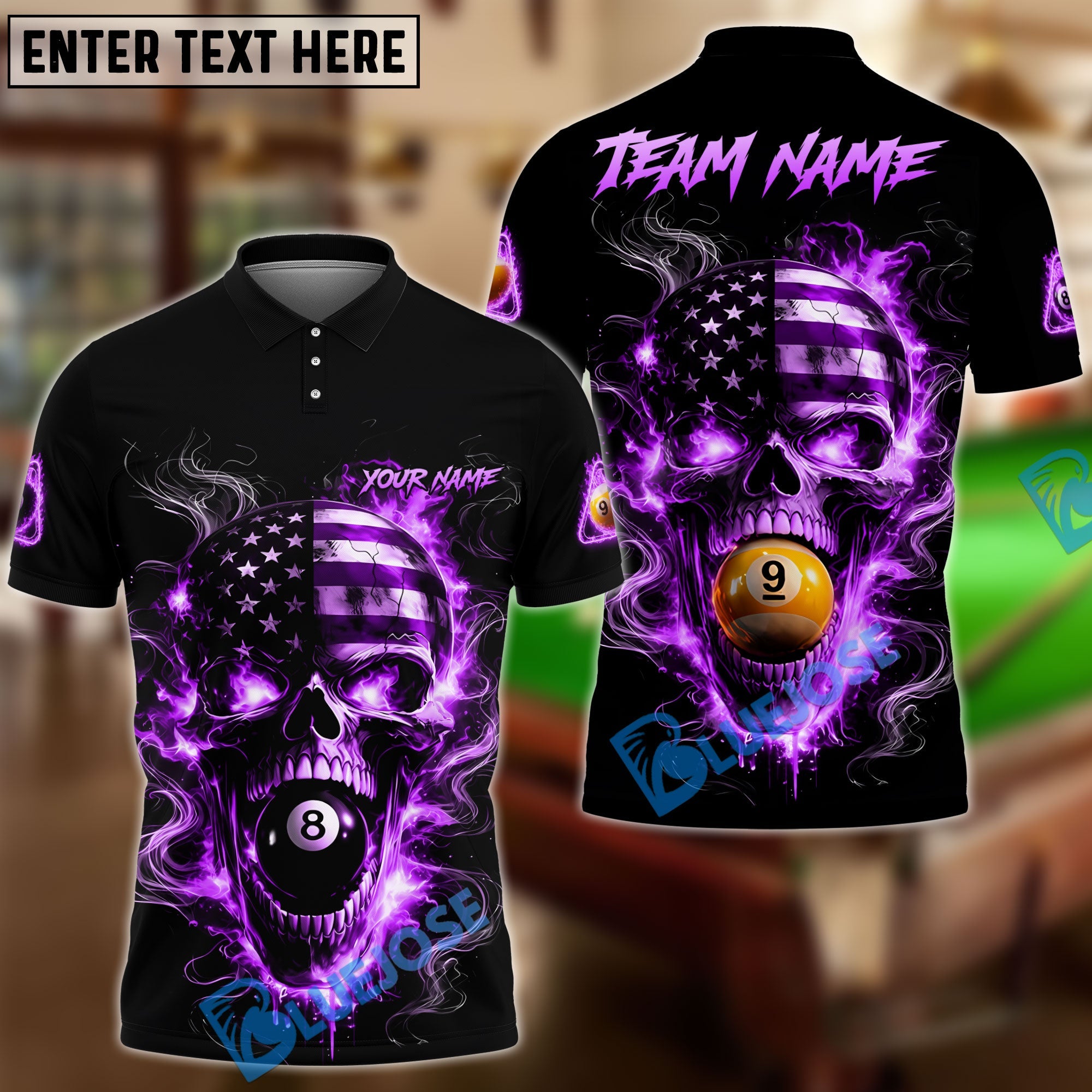 BlueJose Billiards 8 Ball 9 Ball Flame American Flag Skull Customized Name, Team Name 3D Shirt (4 Colors)