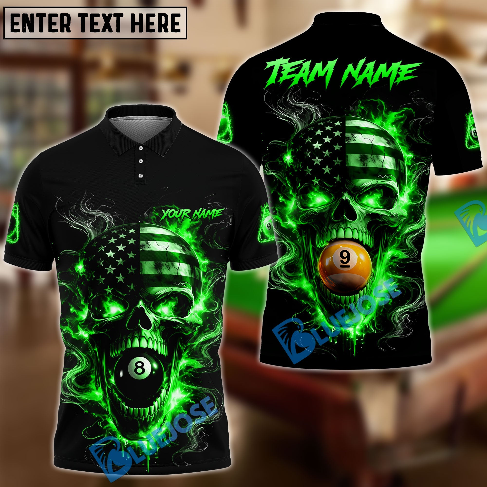 BlueJose Billiards 8 Ball 9 Ball Flame American Flag Skull Customized Name, Team Name 3D Shirt (4 Colors)