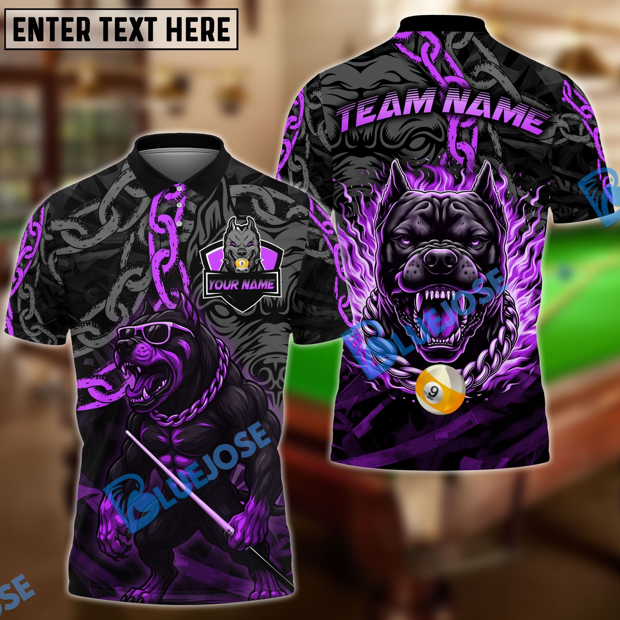 BlueJose Billiards 9-Ball Pitbull Flame Chain Personalized Name Shirt (4 Colors)