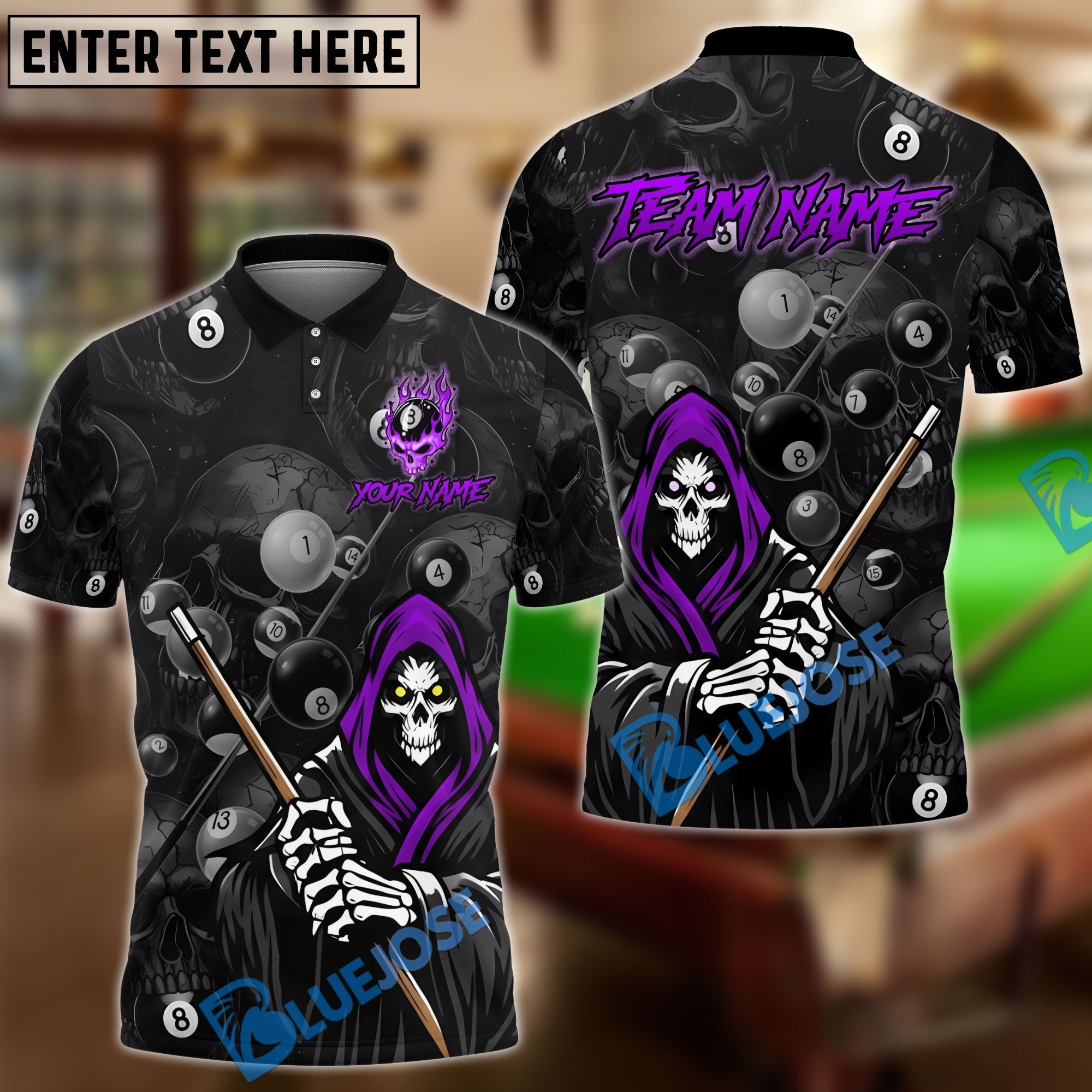 BlueJose Billiards 8-Ball Dead Reaper Cue Personalized Name Shirt (4 Colors)