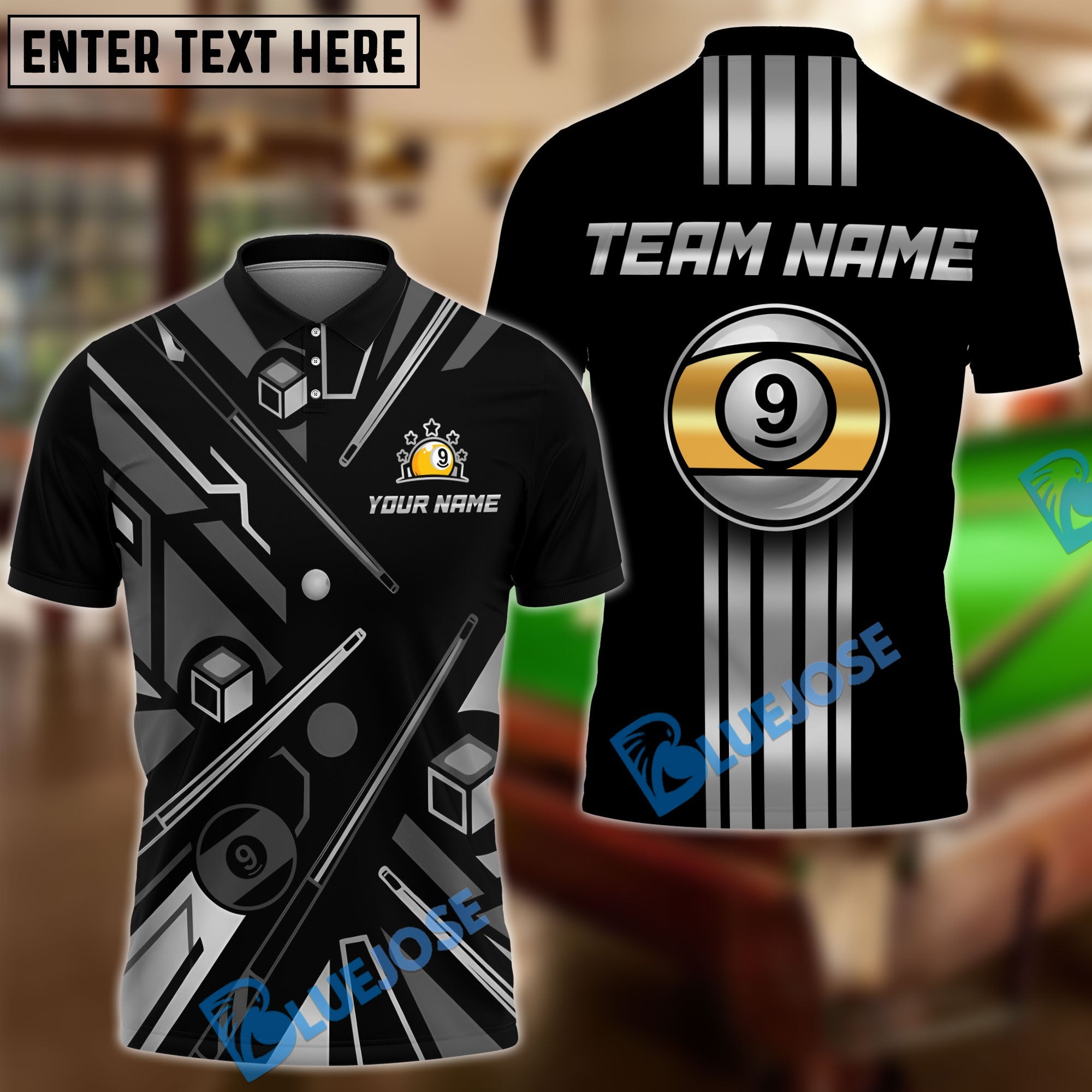 BlueJose Billiards Gold 9 Ball Elite Customized Name, Team Name 3D Shirt (6 Colors)