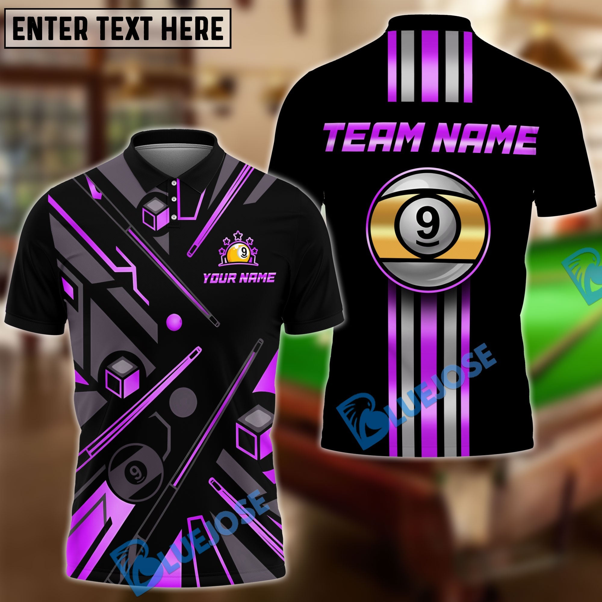 BlueJose Billiards Gold 9 Ball Elite Customized Name, Team Name 3D Shirt (6 Colors)