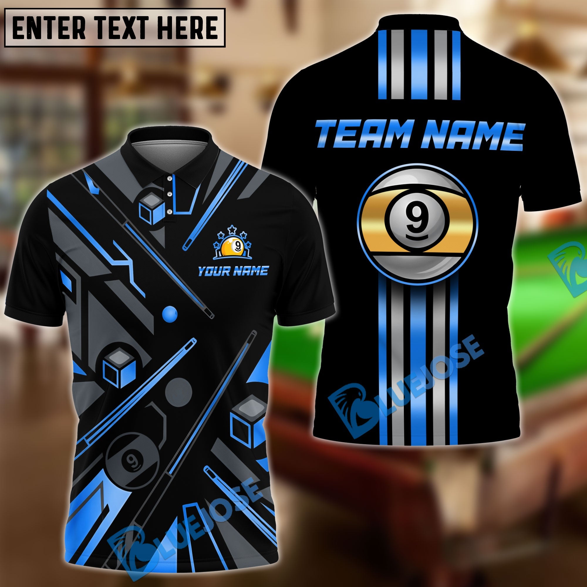 BlueJose Billiards Gold 9 Ball Elite Customized Name, Team Name 3D Shirt (6 Colors)