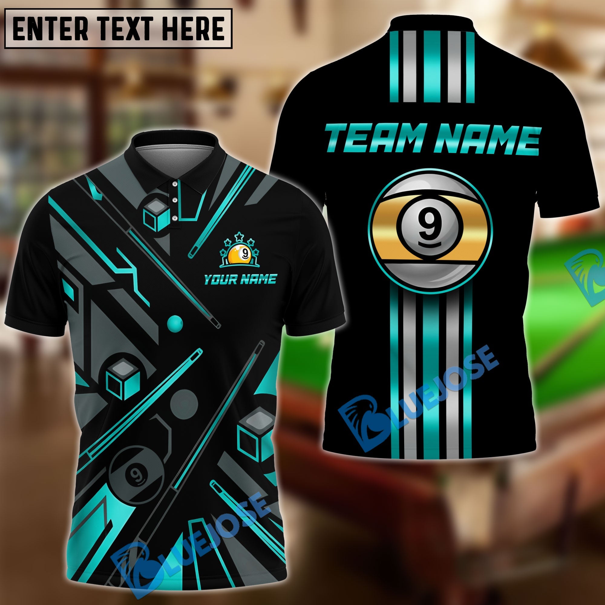 BlueJose Billiards Gold 9 Ball Elite Customized Name, Team Name 3D Shirt (6 Colors)