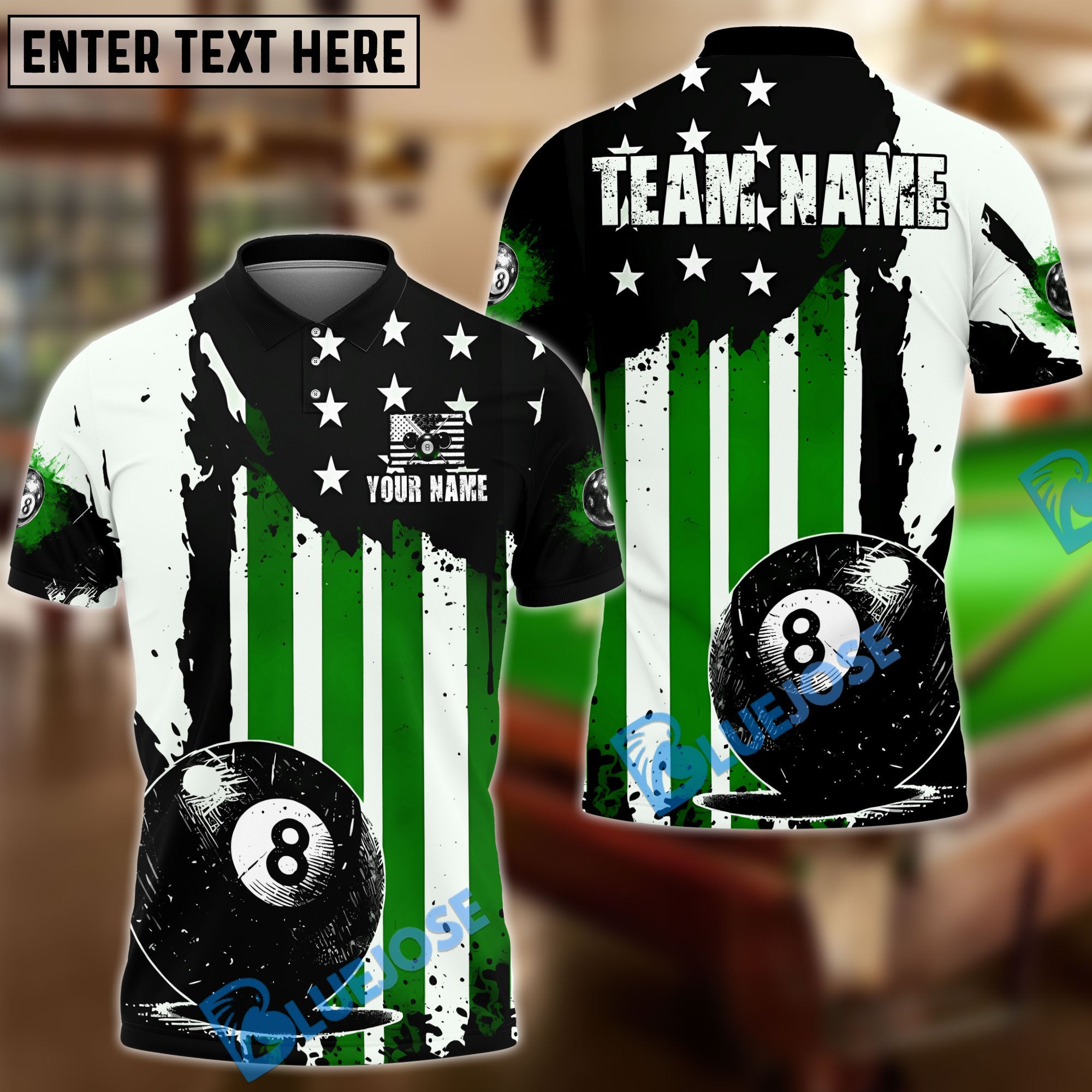 BlueJose Billiards 8 Ball American Flag Striped Colorful Customized Name, Team Name 3D Shirt (6 Colors)