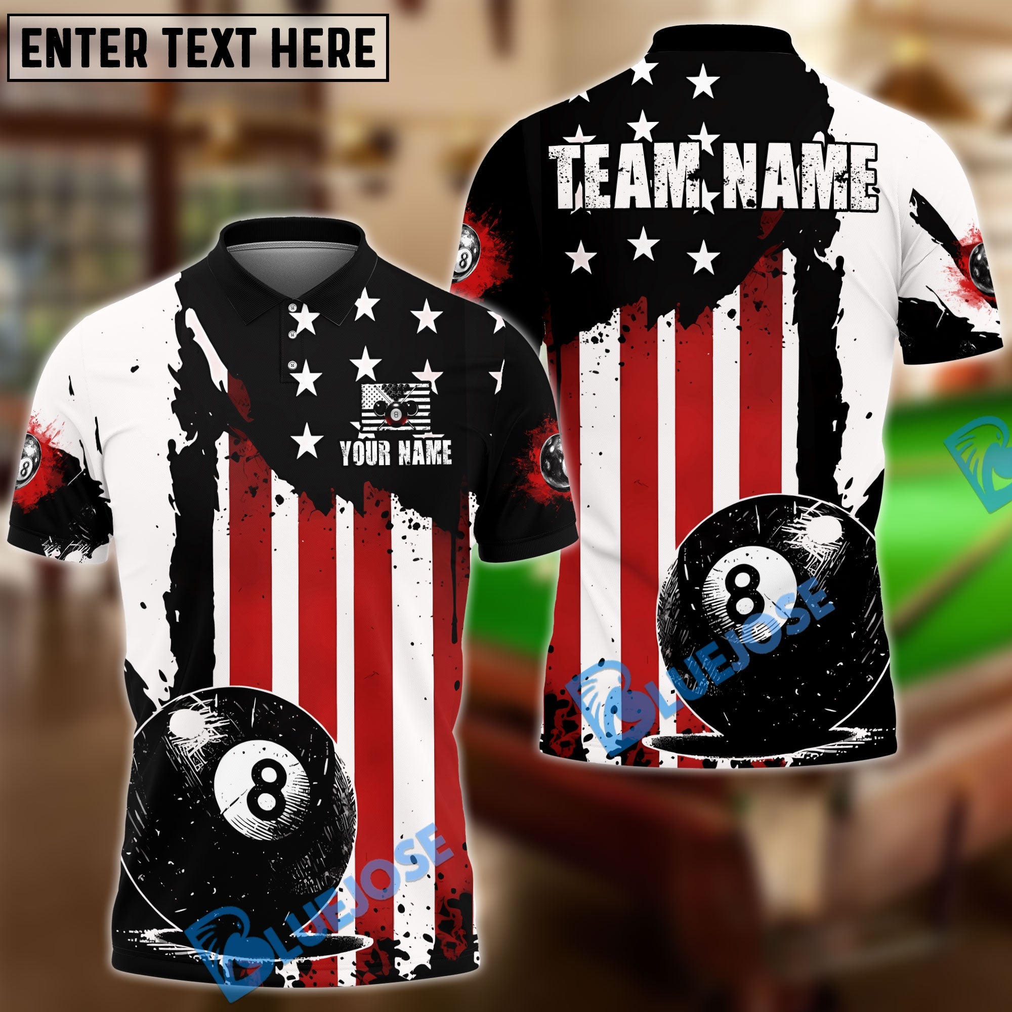 BlueJose Billiards 8 Ball American Flag Striped Colorful Customized Name, Team Name 3D Shirt (6 Colors)