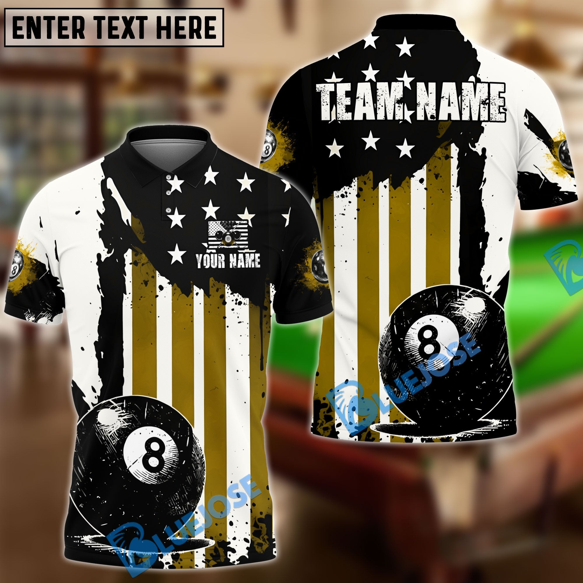 BlueJose Billiards 8 Ball American Flag Striped Colorful Customized Name, Team Name 3D Shirt (6 Colors)
