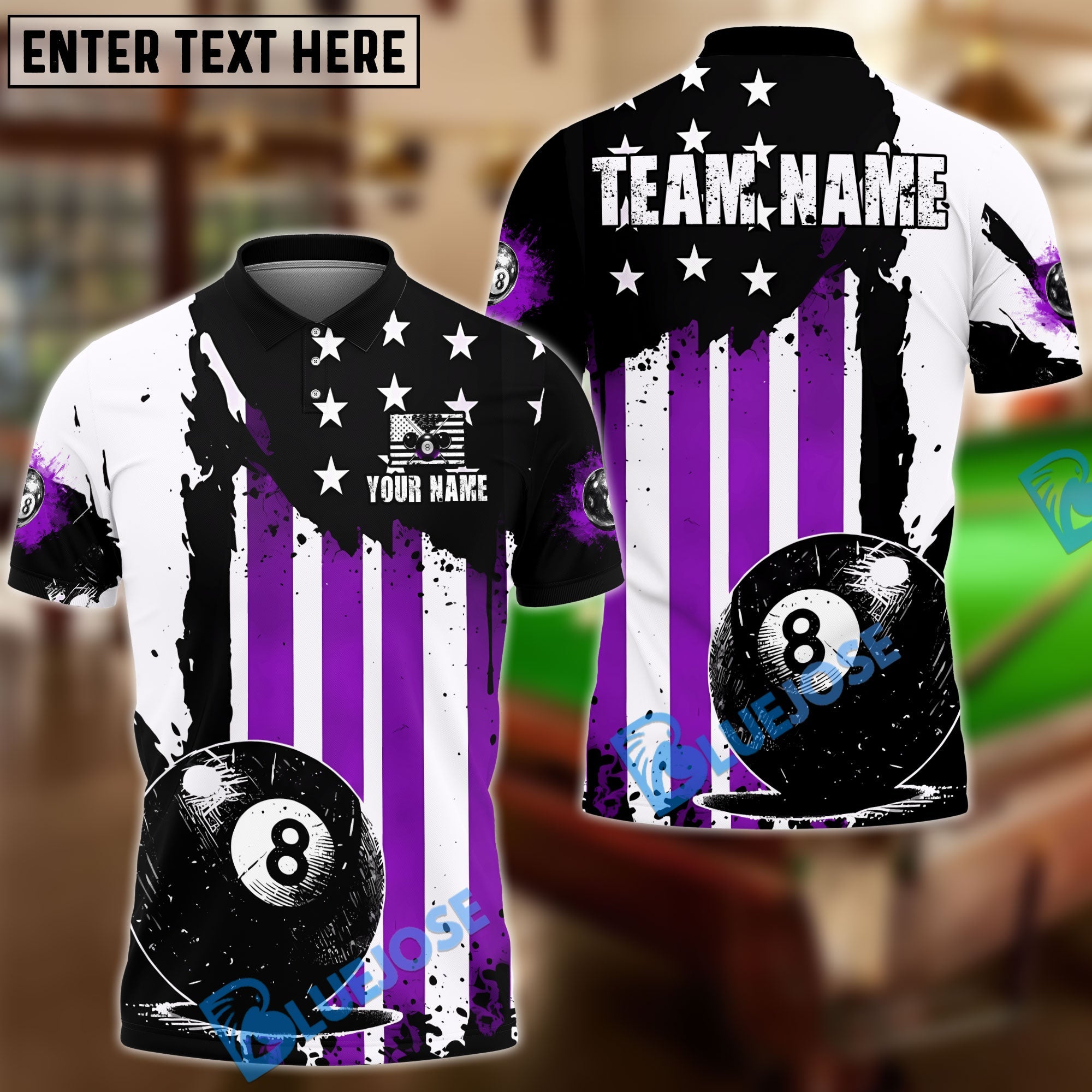 BlueJose Billiards 8 Ball American Flag Striped Colorful Customized Name, Team Name 3D Shirt (6 Colors)