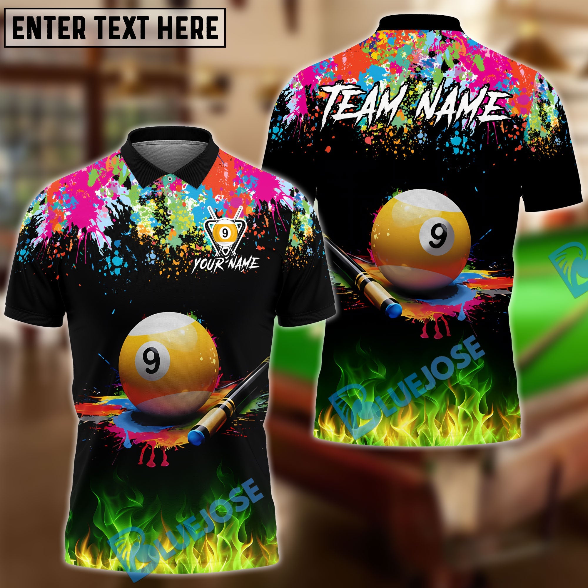 BlueJose Billiards 9 Ball Cue Paint Splash Personalized Shirt