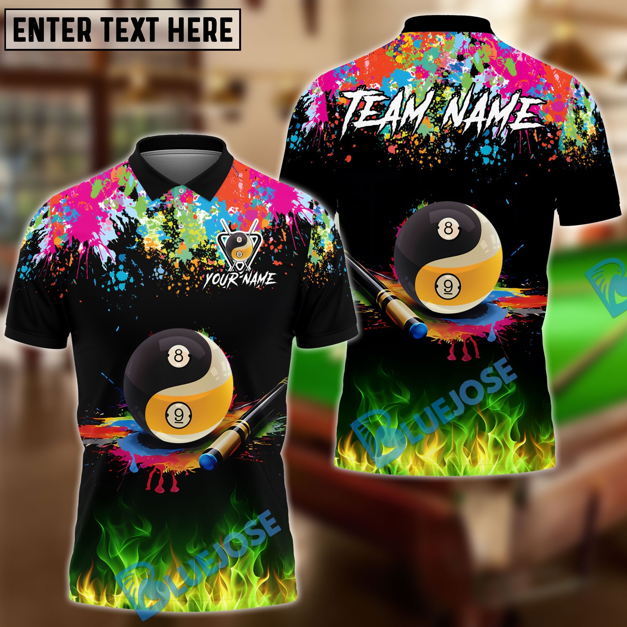 BlueJose Billiards 8 Ball & 9 Ball Yinyang Cue Paint Splash Personalized Shirt