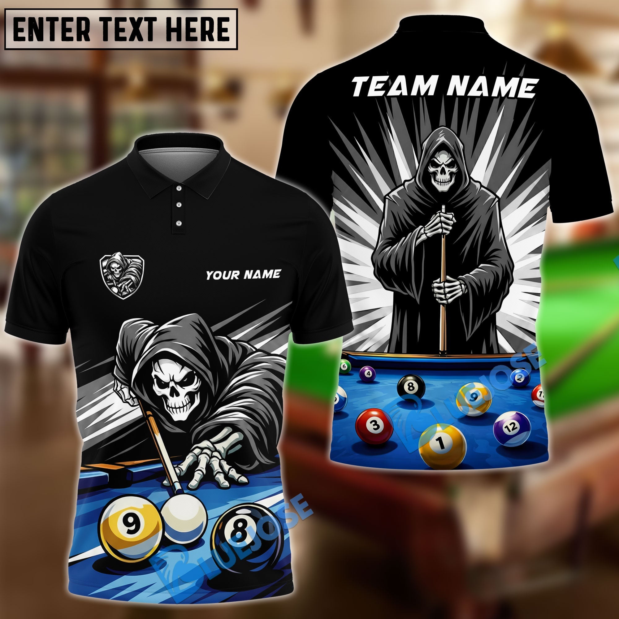 BlueJose Billiards 8 Ball 9 Ball Reaper Cue Master Customized Name, Team Name 3D Shirt (6 Colors)