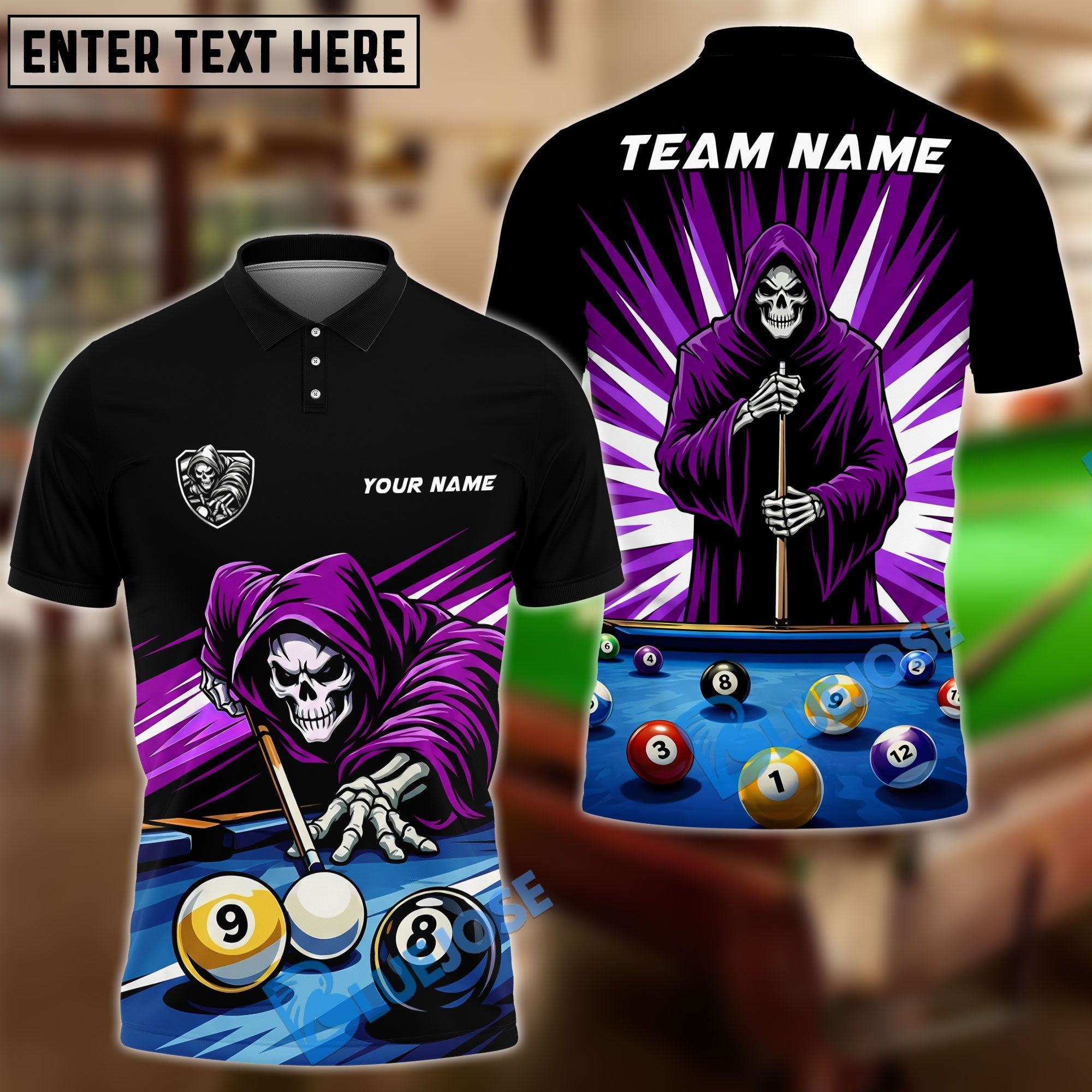 BlueJose Billiards 8 Ball 9 Ball Reaper Cue Master Customized Name, Team Name 3D Shirt (6 Colors)