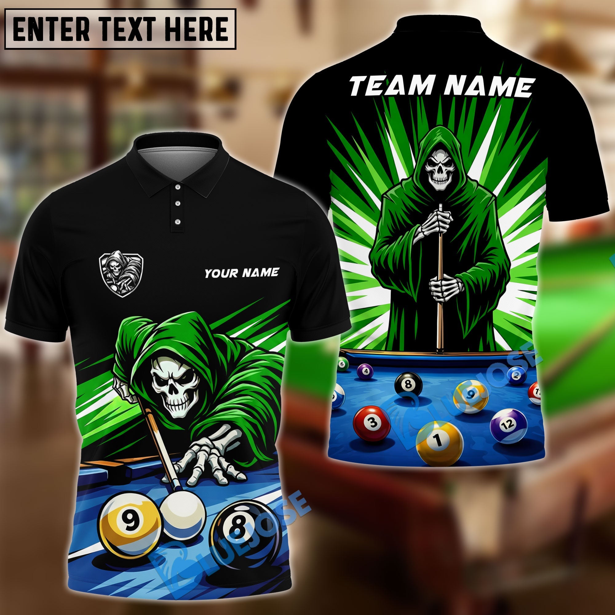 BlueJose Billiards 8 Ball 9 Ball Reaper Cue Master Customized Name, Team Name 3D Shirt (6 Colors)