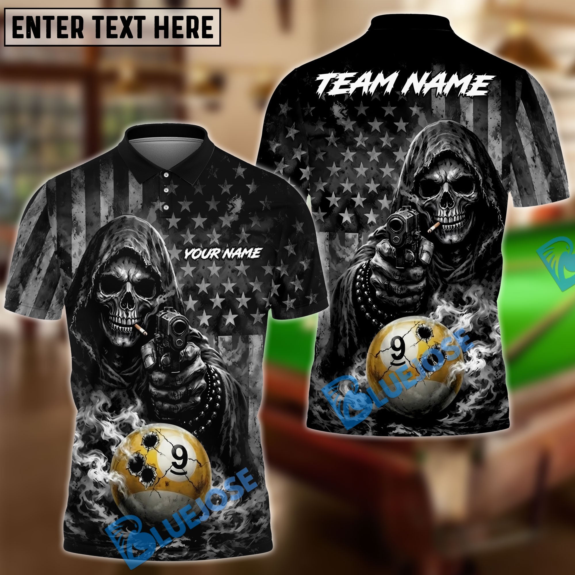 BlueJose Billiards Ball 9 Reaper Bullet Hole US Flag Personalized Shirt (2 Colors)