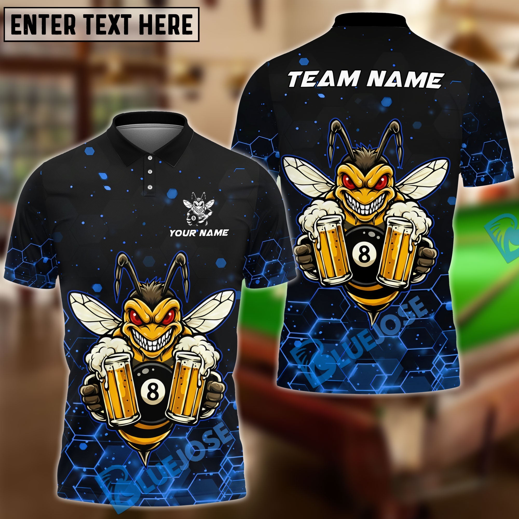 BlueJose Billiards 8 Ball Funny Beer Bee Customized Name, Team Name 3D Shirt (6 Colors)