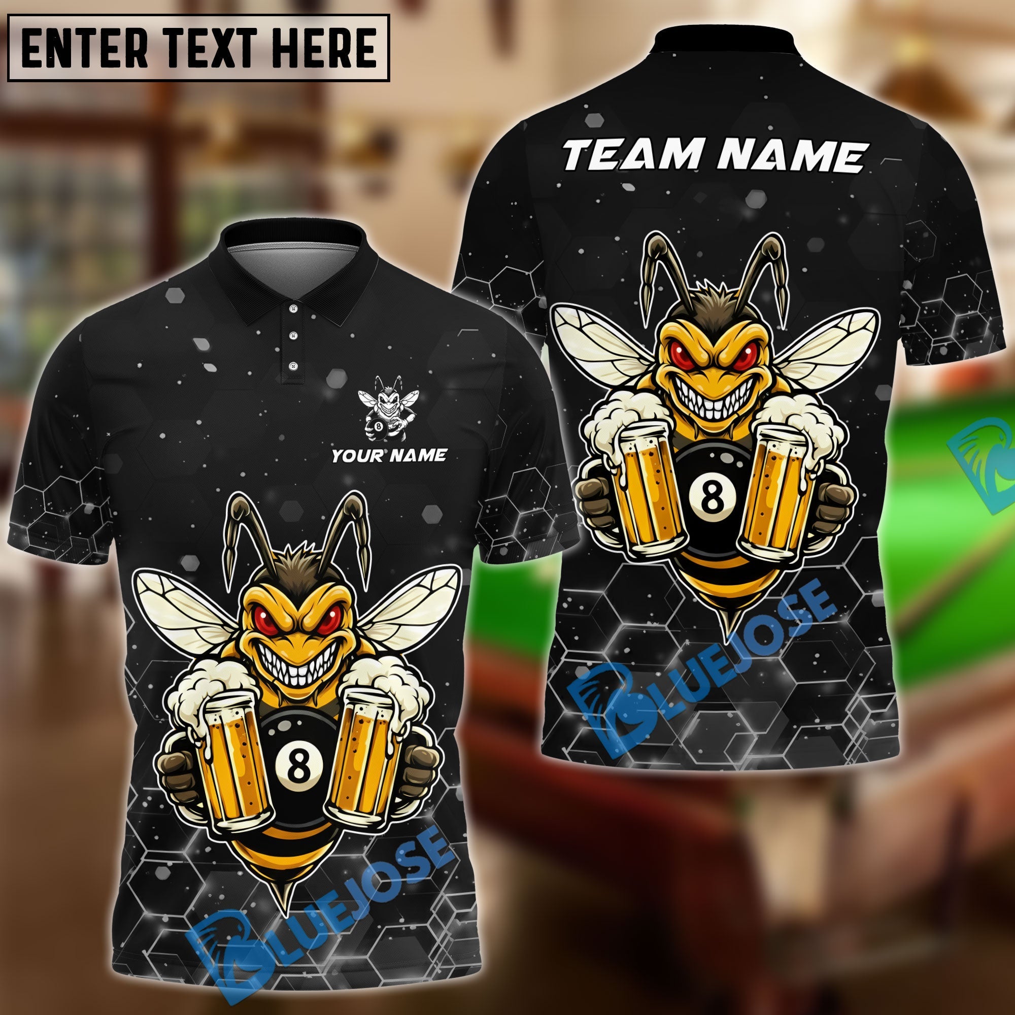 BlueJose Billiards 8 Ball Funny Beer Bee Customized Name, Team Name 3D Shirt (6 Colors)