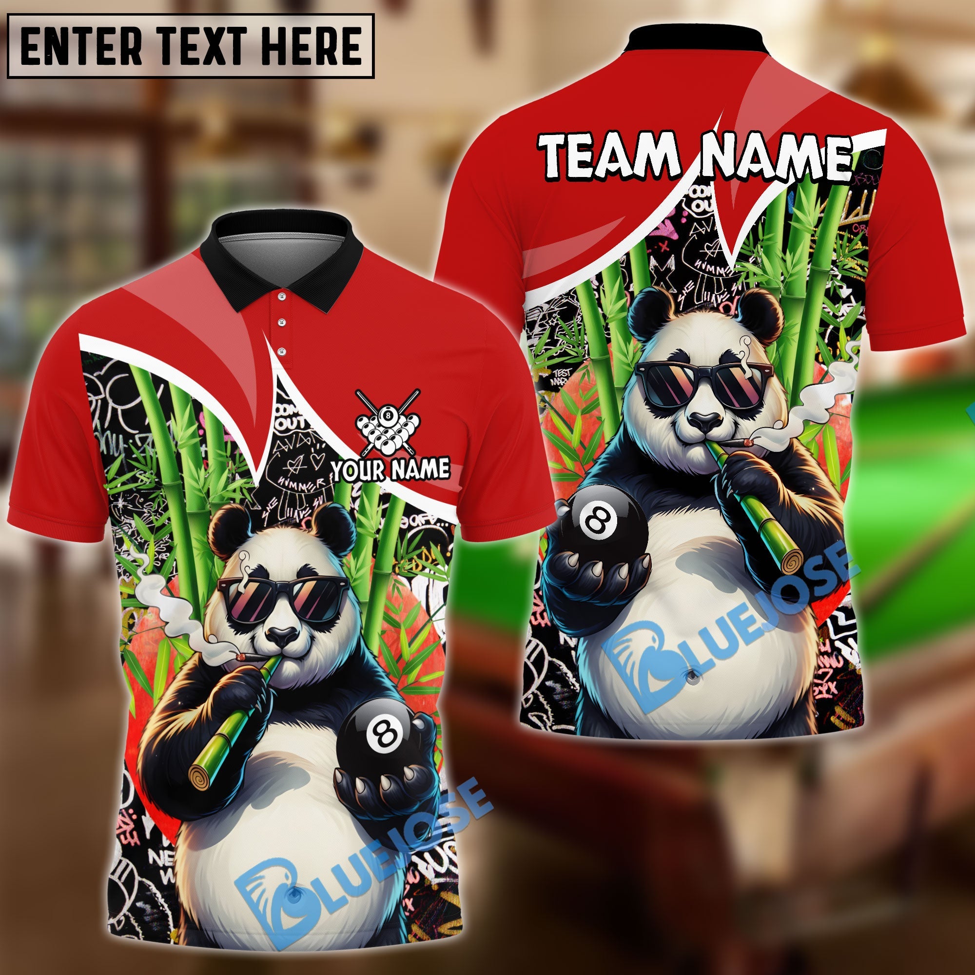BlueJose Billiards 8 Ball Funny 420 Smoking Panda Customized Name, Team Name 3D Shirt (6 Colors)