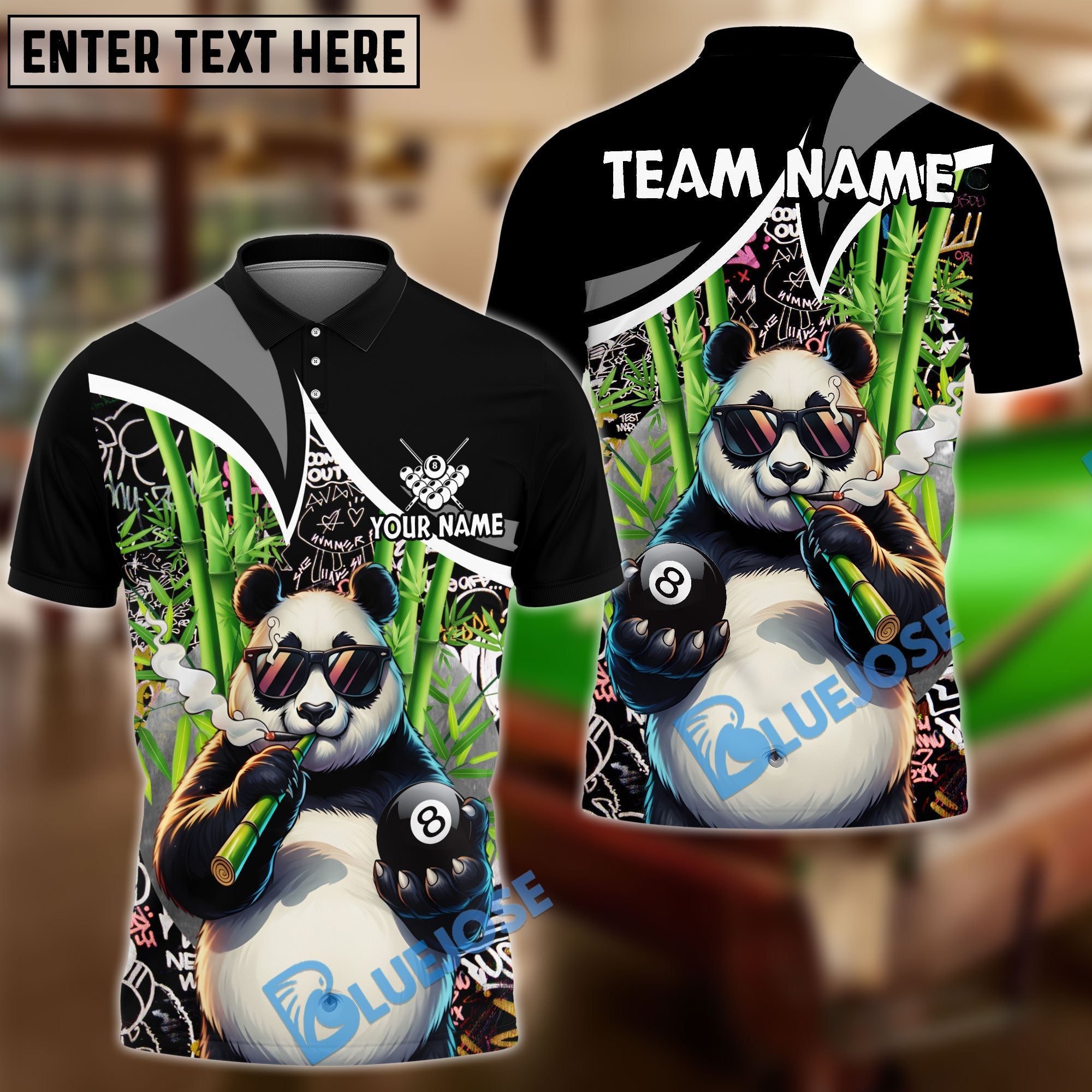 BlueJose Billiards 8 Ball Funny 420 Smoking Panda Customized Name, Team Name 3D Shirt (6 Colors)