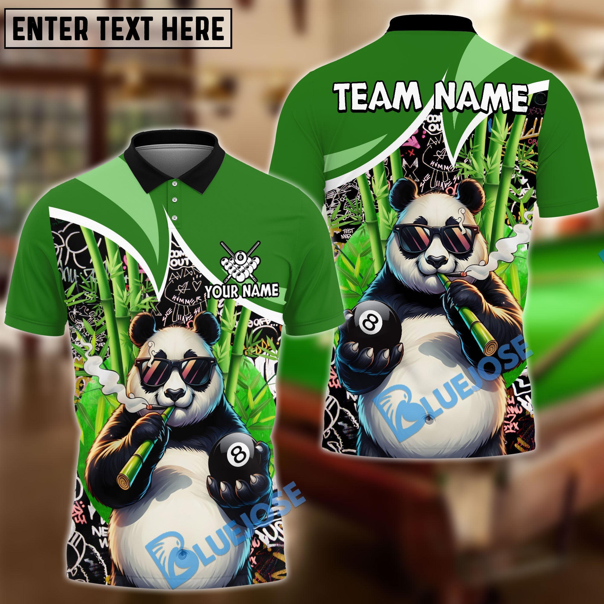BlueJose Billiards 8 Ball Funny 420 Smoking Panda Customized Name, Team Name 3D Shirt (6 Colors)