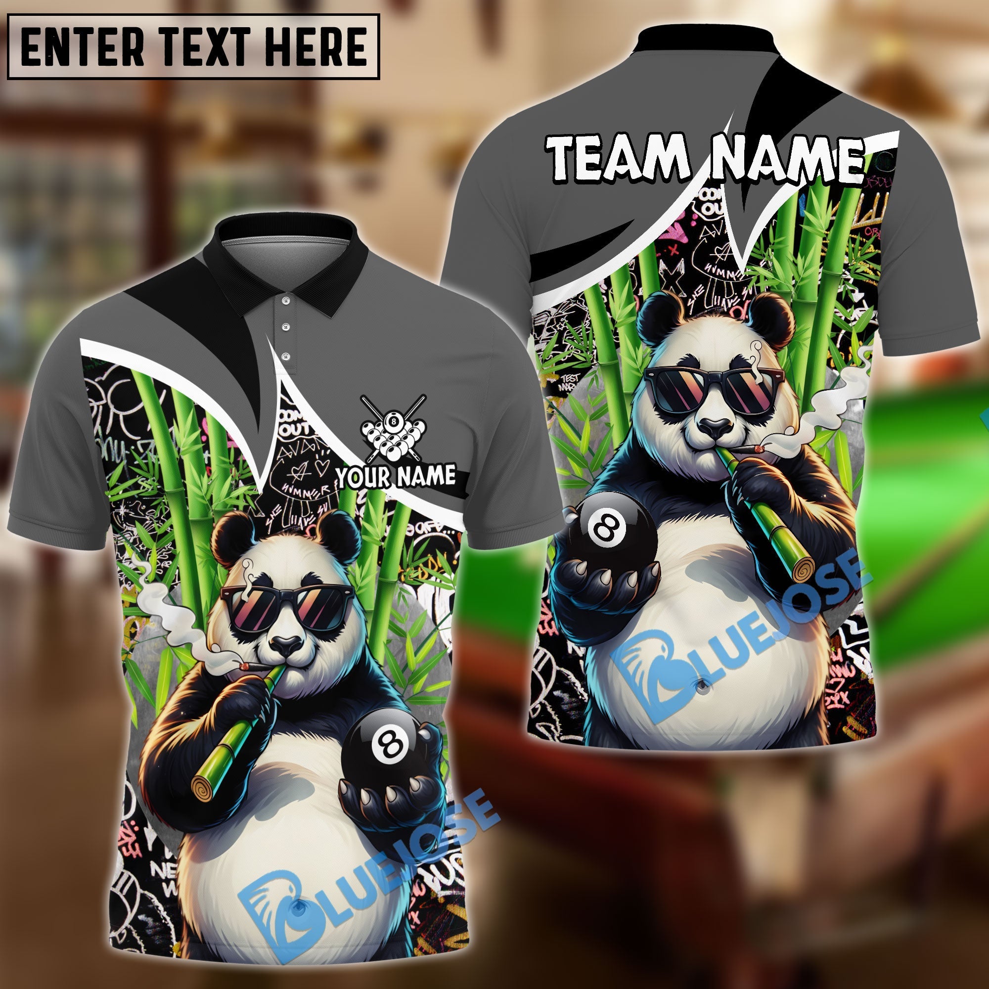 BlueJose Billiards 8 Ball Funny 420 Smoking Panda Customized Name, Team Name 3D Shirt (6 Colors)