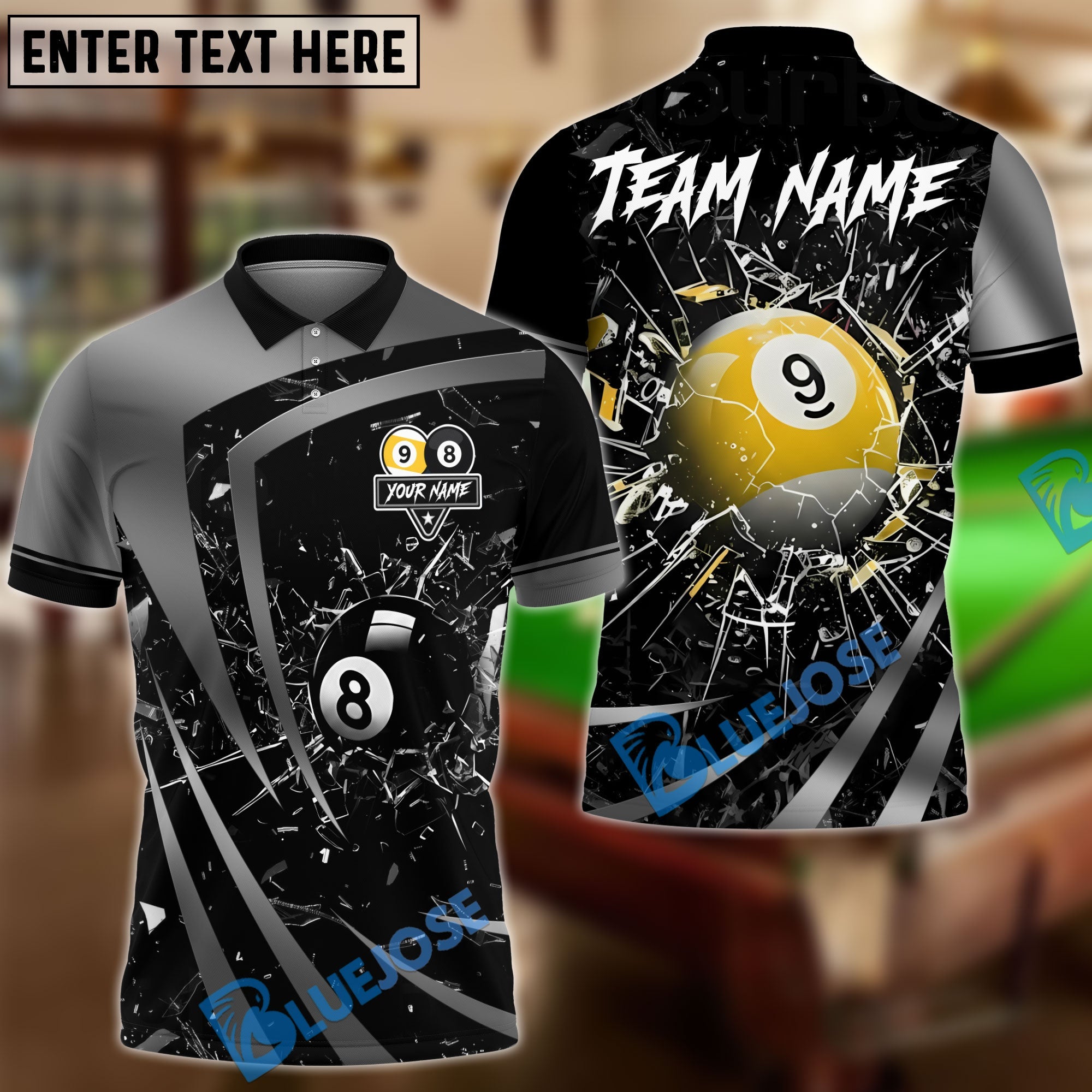 BlueJose Billiards 8 Ball & 9 Ball Metallic Break Glass Customized Name, Team Name 3D Shirt (6 Colors)