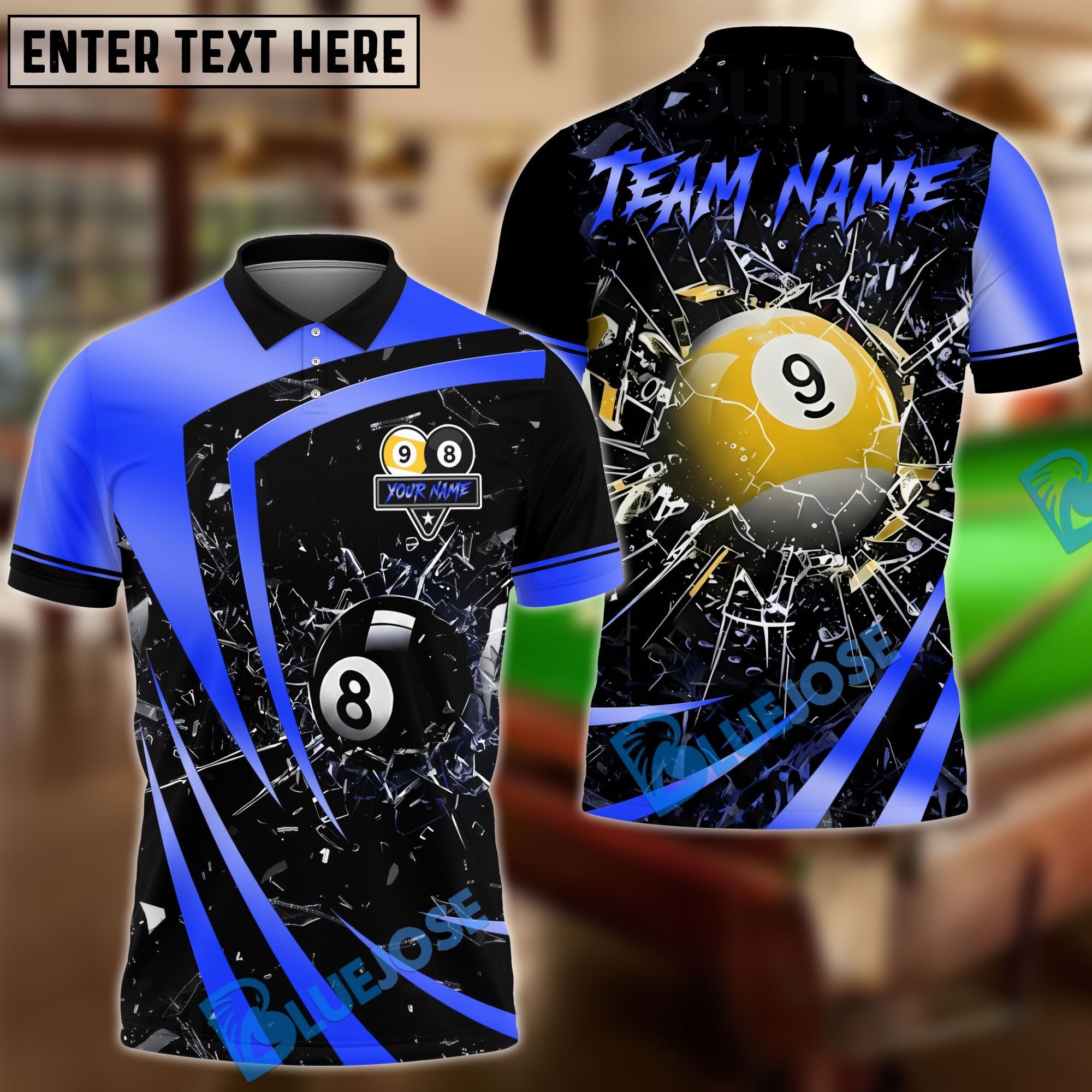 BlueJose Billiards 8 Ball & 9 Ball Metallic Break Glass Customized Name, Team Name 3D Shirt (6 Colors)