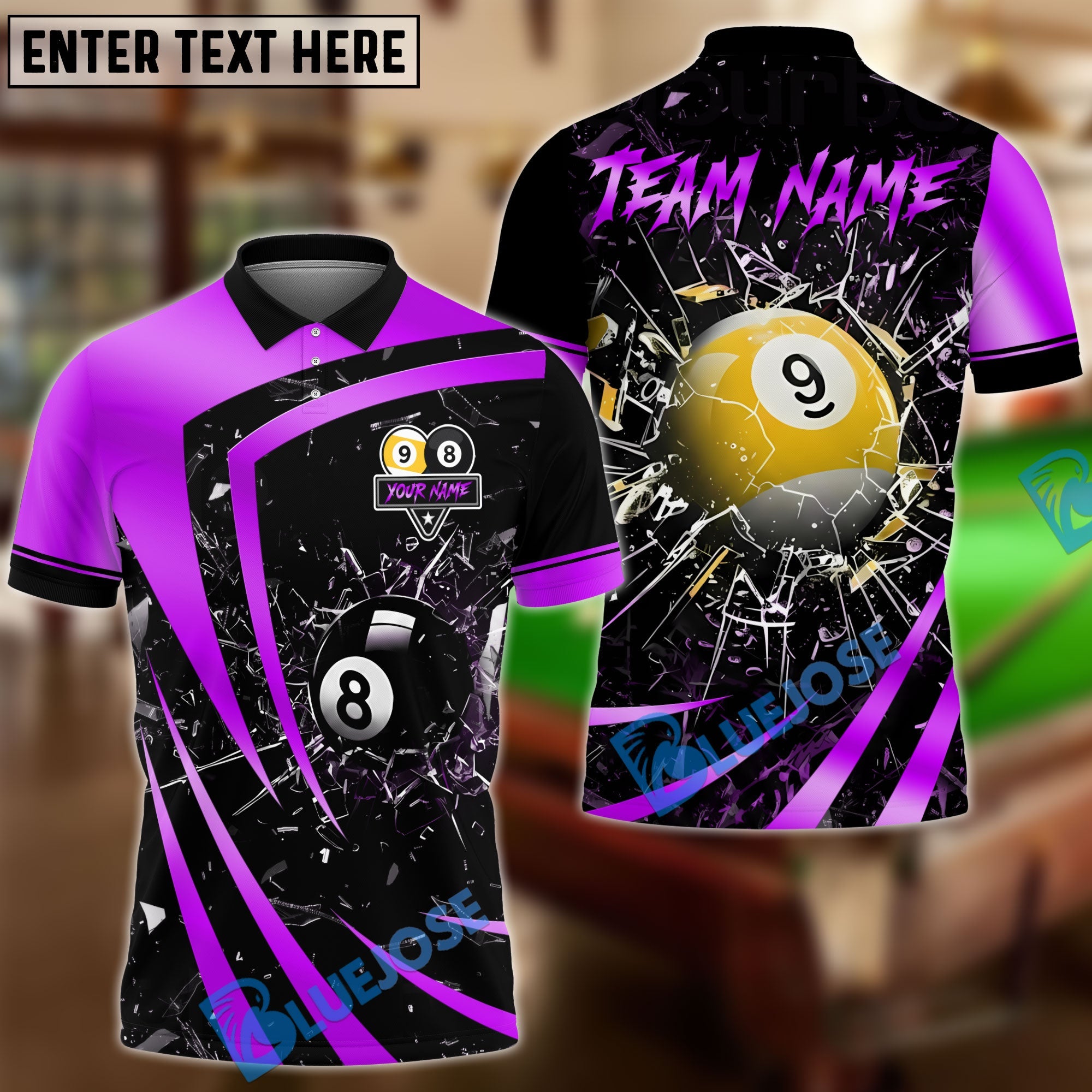 BlueJose Billiards 8 Ball & 9 Ball Metallic Break Glass Customized Name, Team Name 3D Shirt (6 Colors)