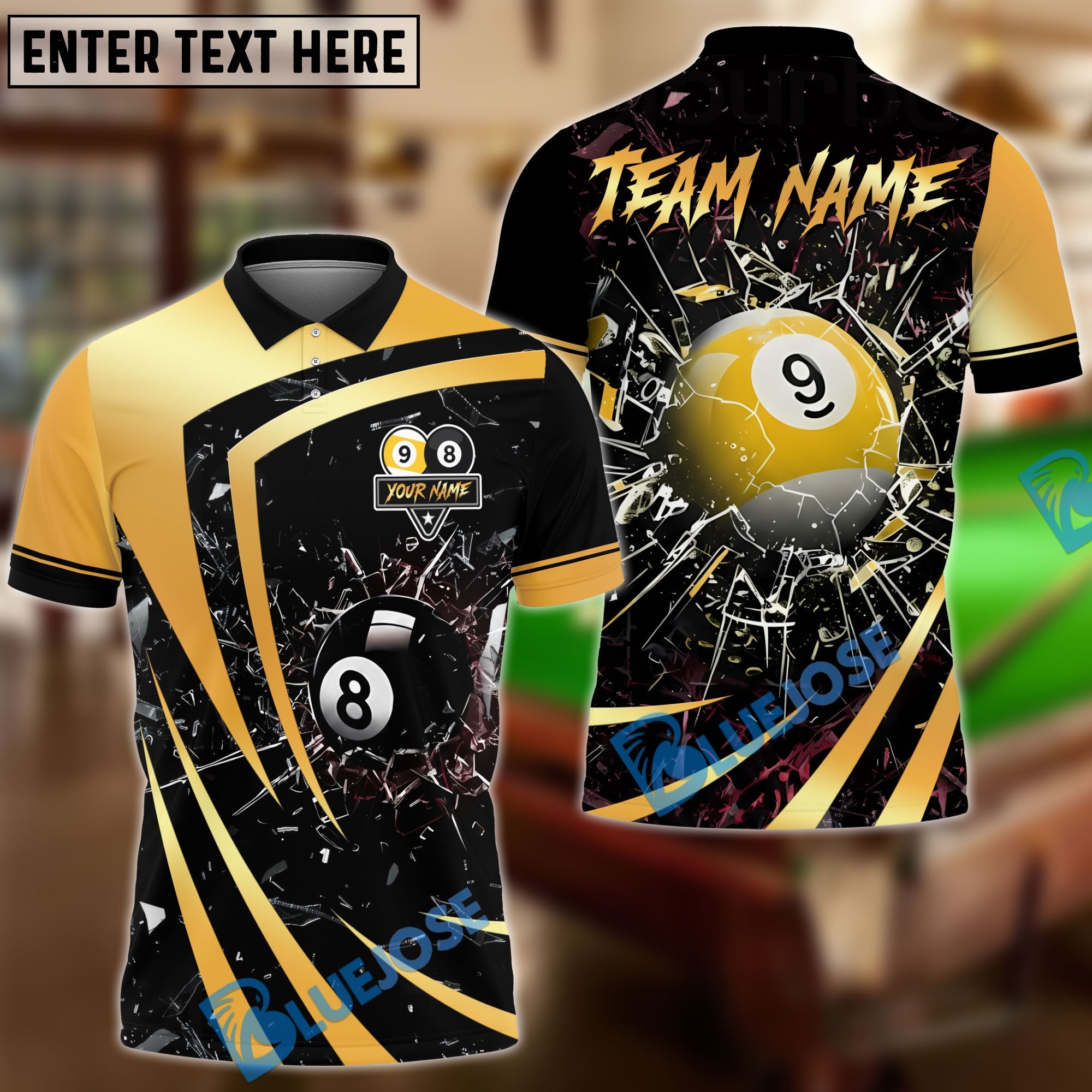 BlueJose Billiards 8 Ball & 9 Ball Metallic Break Glass Customized Name, Team Name 3D Shirt (6 Colors)