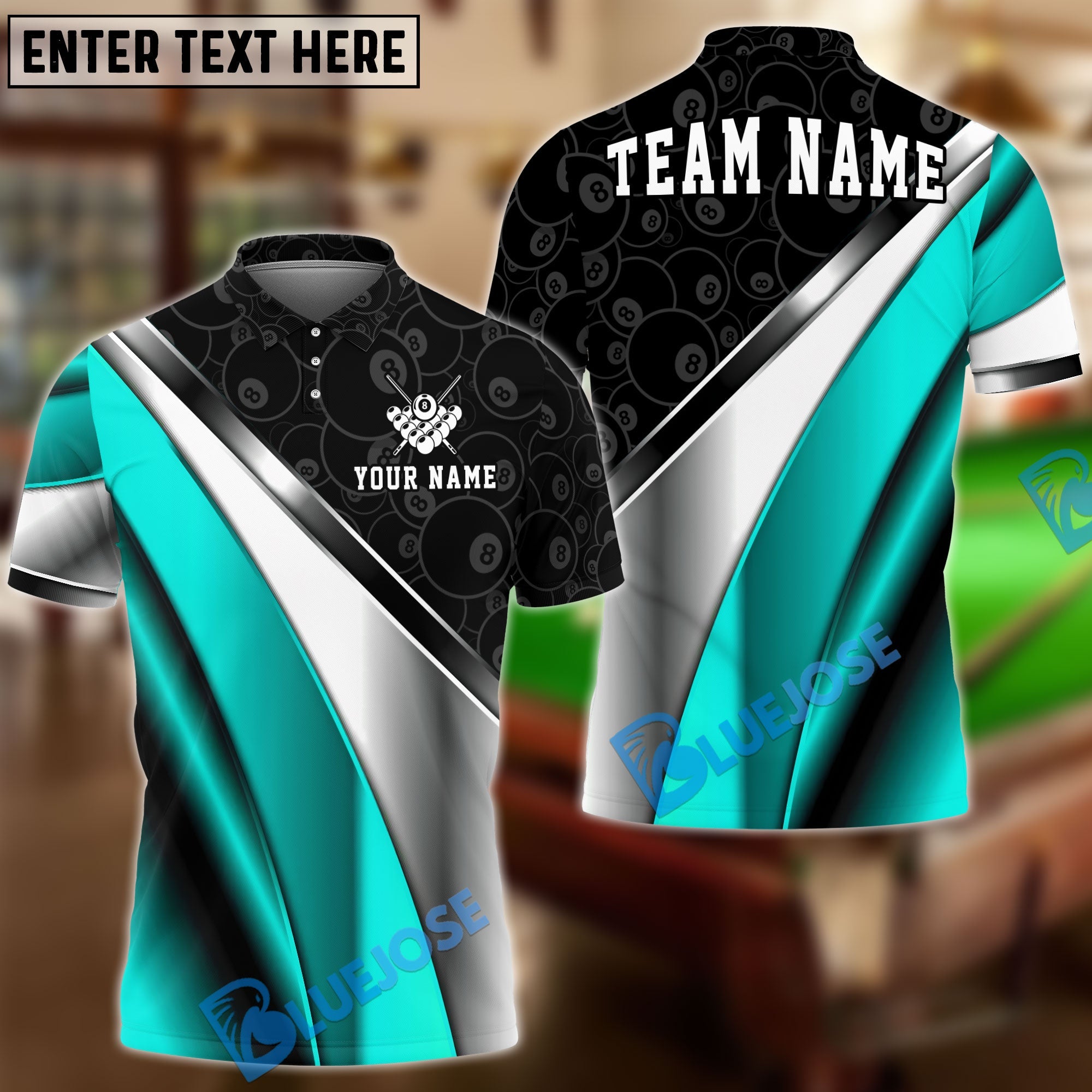 BlueJose Billiards 8 Ball Metallic Plate Pattern Customized Name, Team Name 3D Shirt (6 Colors)