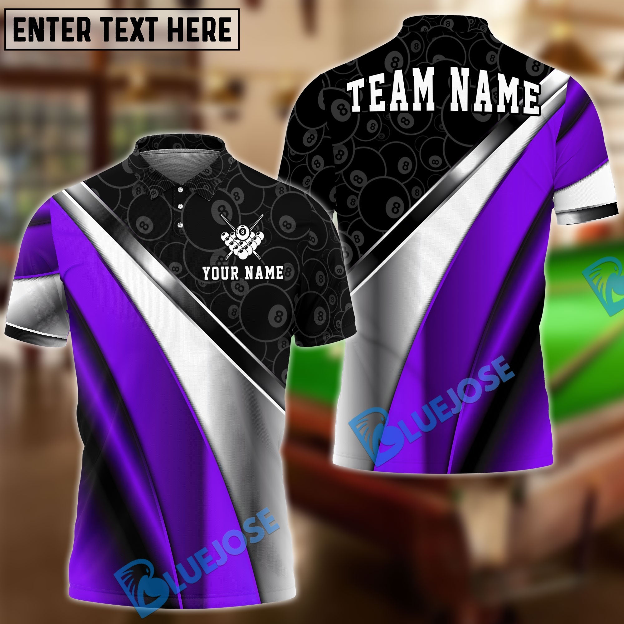 BlueJose Billiards 8 Ball Metallic Plate Pattern Customized Name, Team Name 3D Shirt (6 Colors)