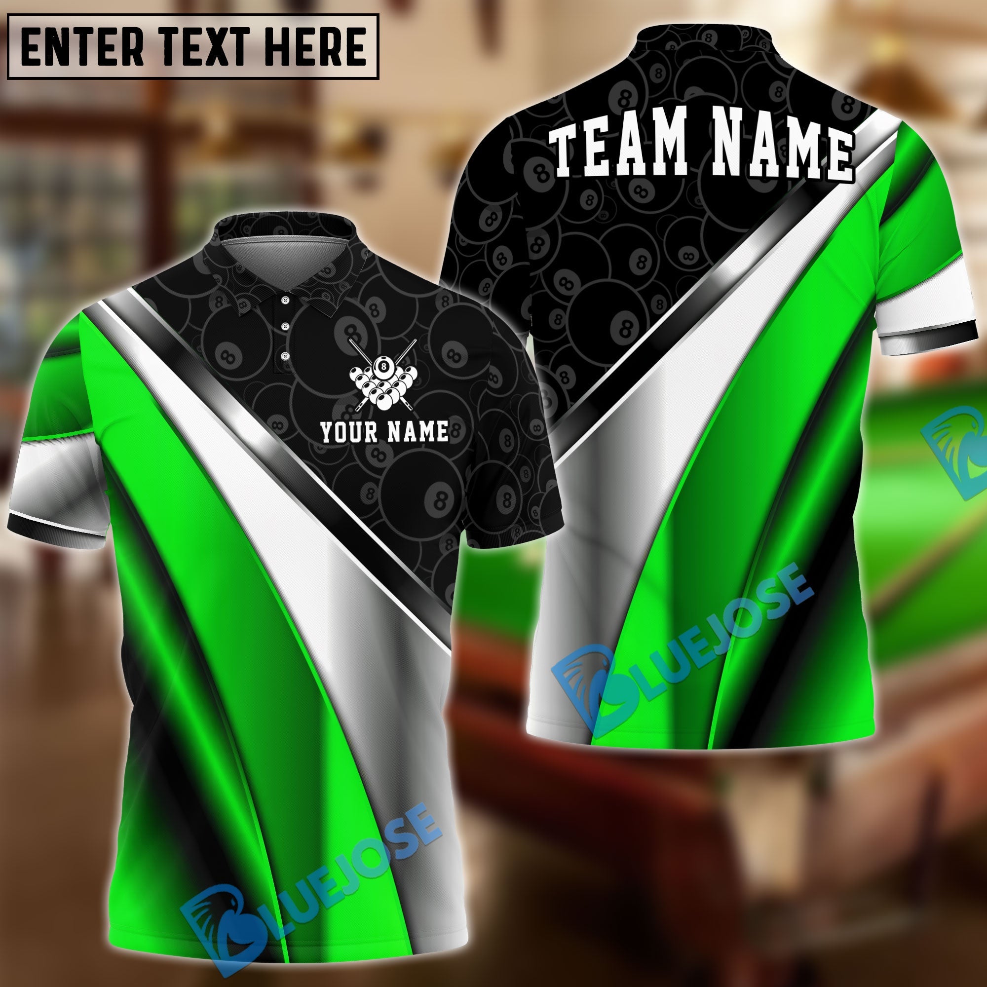 BlueJose Billiards 8 Ball Metallic Plate Pattern Customized Name, Team Name 3D Shirt (6 Colors)