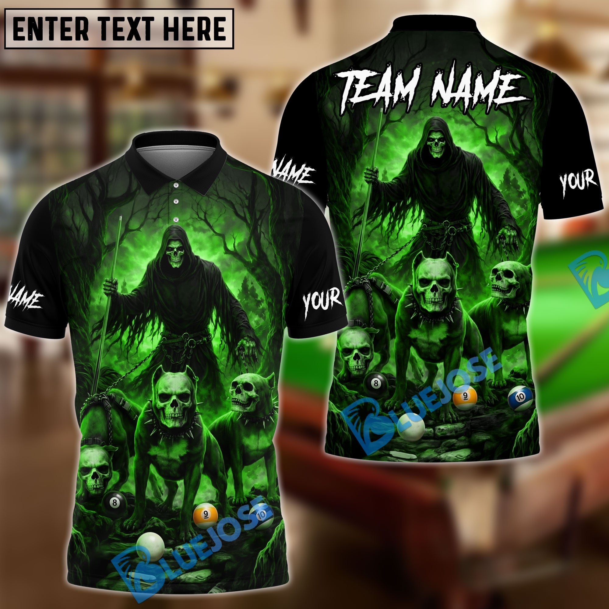 BlueJose Billiards 8 9 10 Ball Reaper And Cerberus Personalized Name Shirt (4 Colors)