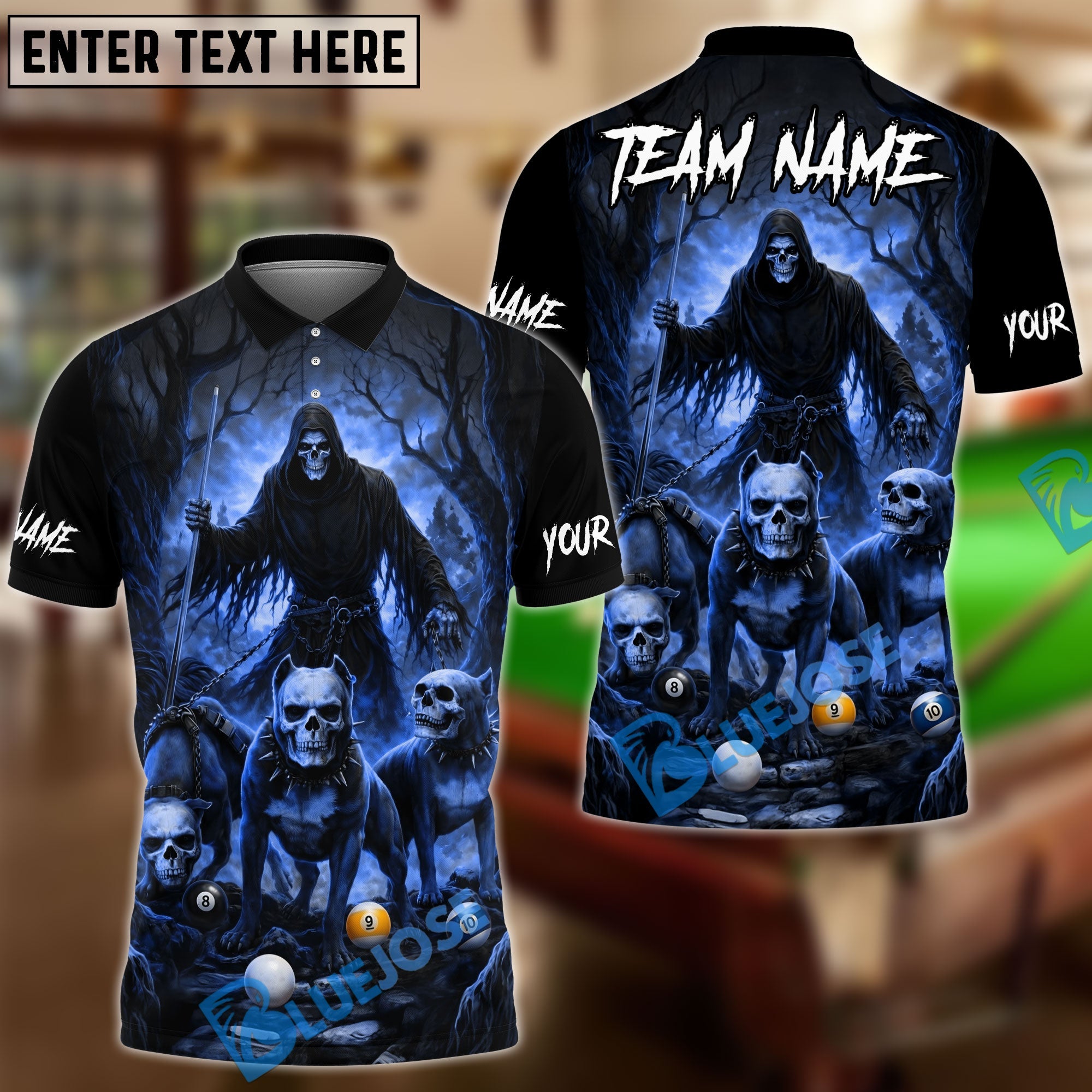 BlueJose Billiards 8 9 10 Ball Reaper And Cerberus Personalized Name Shirt (4 Colors)