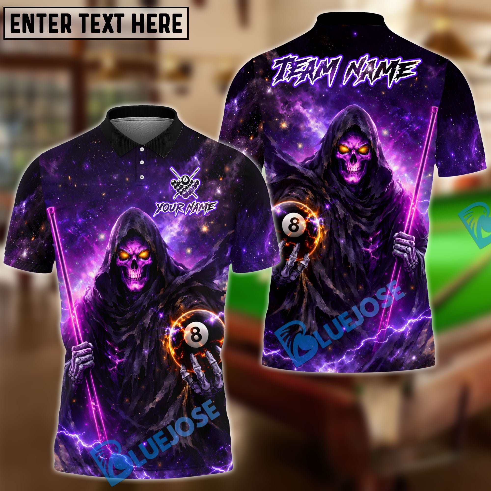 BlueJose Billiards 8 Ball Cosmic Reaper Personalized Name Shirt (4 Colors)