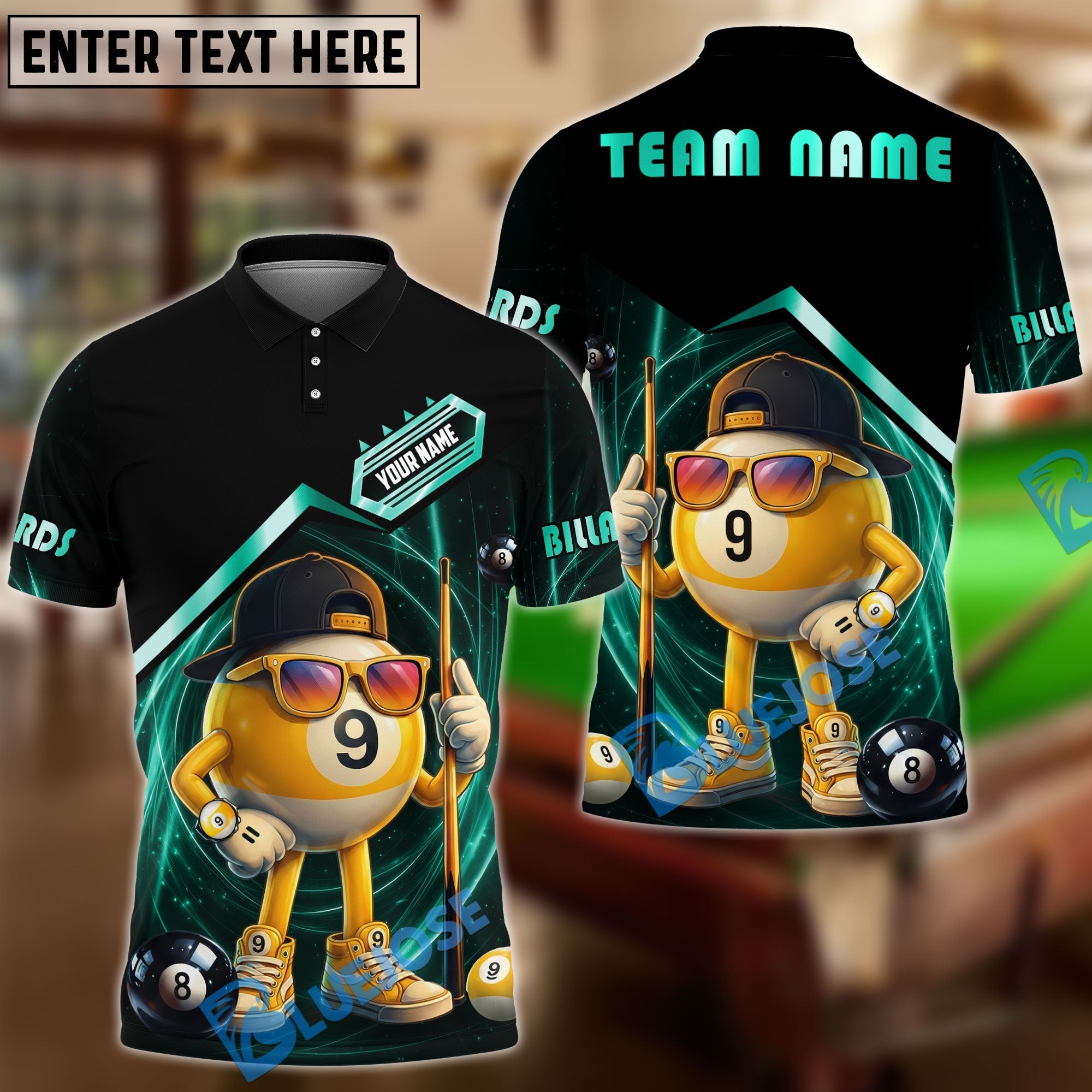 BlueJose Billiards 9 Ball Funny Character Swirl Customized Name, Team Name 3D Shirt (6 Colors)
