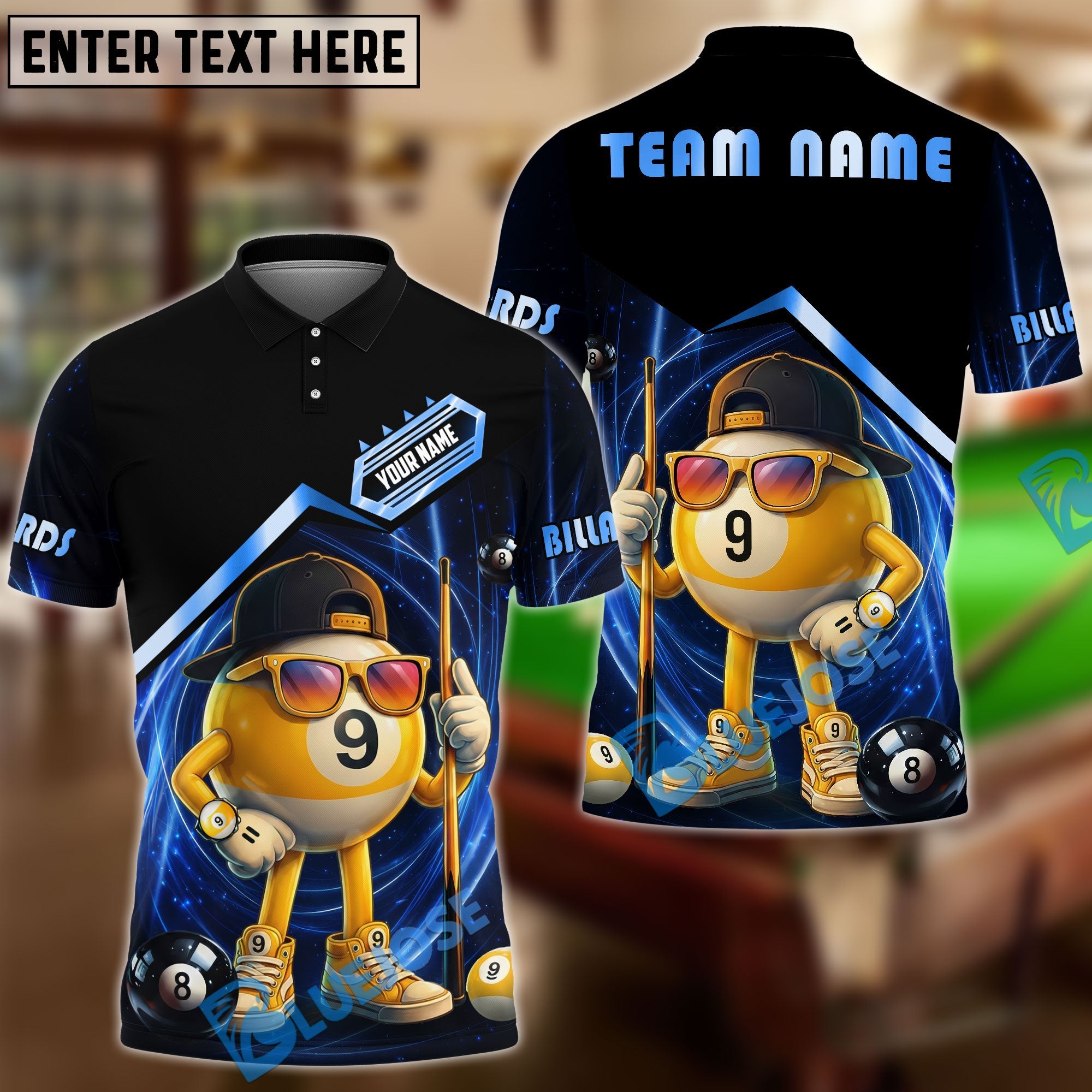 BlueJose Billiards 9 Ball Funny Character Swirl Customized Name, Team Name 3D Shirt (6 Colors)