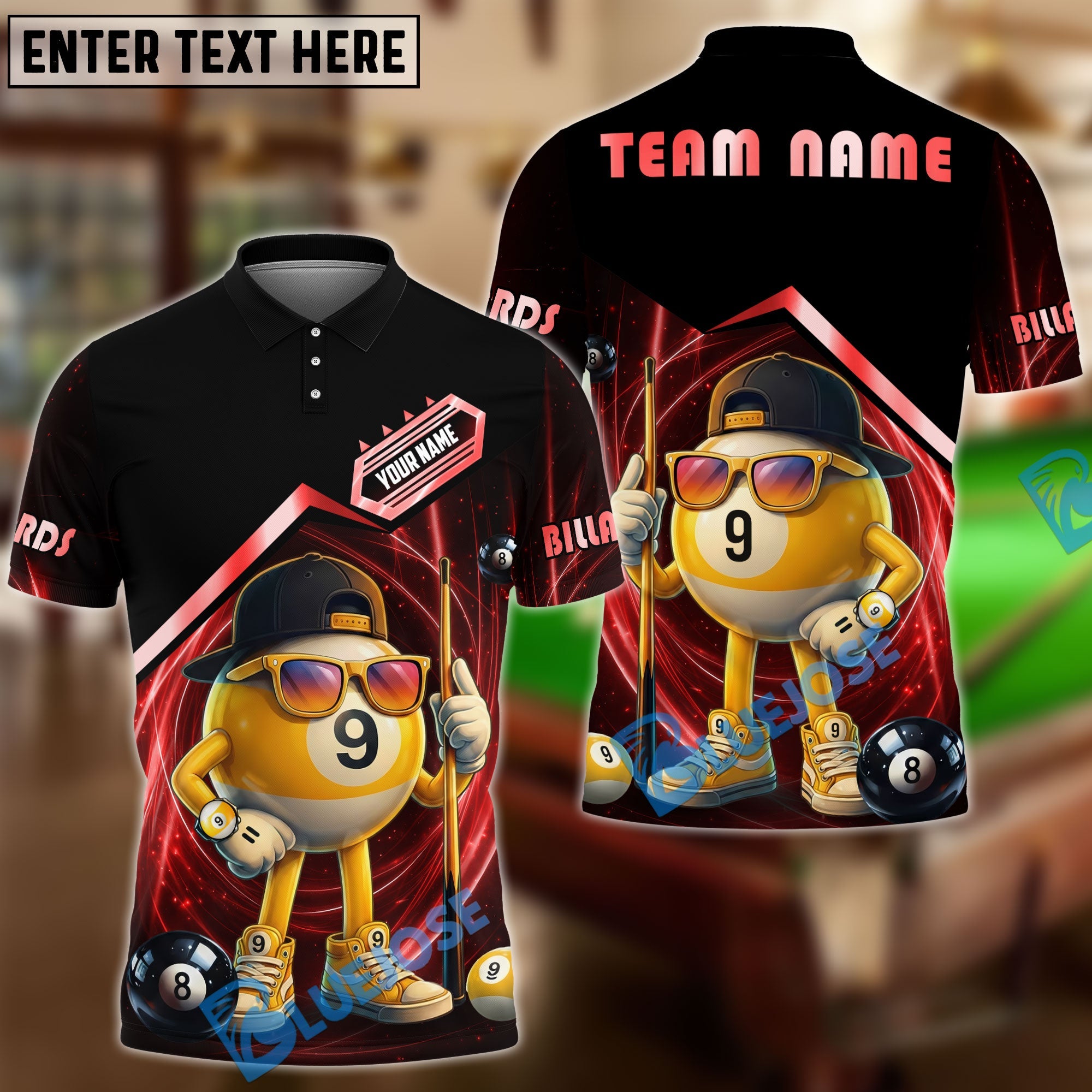 BlueJose Billiards 9 Ball Funny Character Swirl Customized Name, Team Name 3D Shirt (6 Colors)