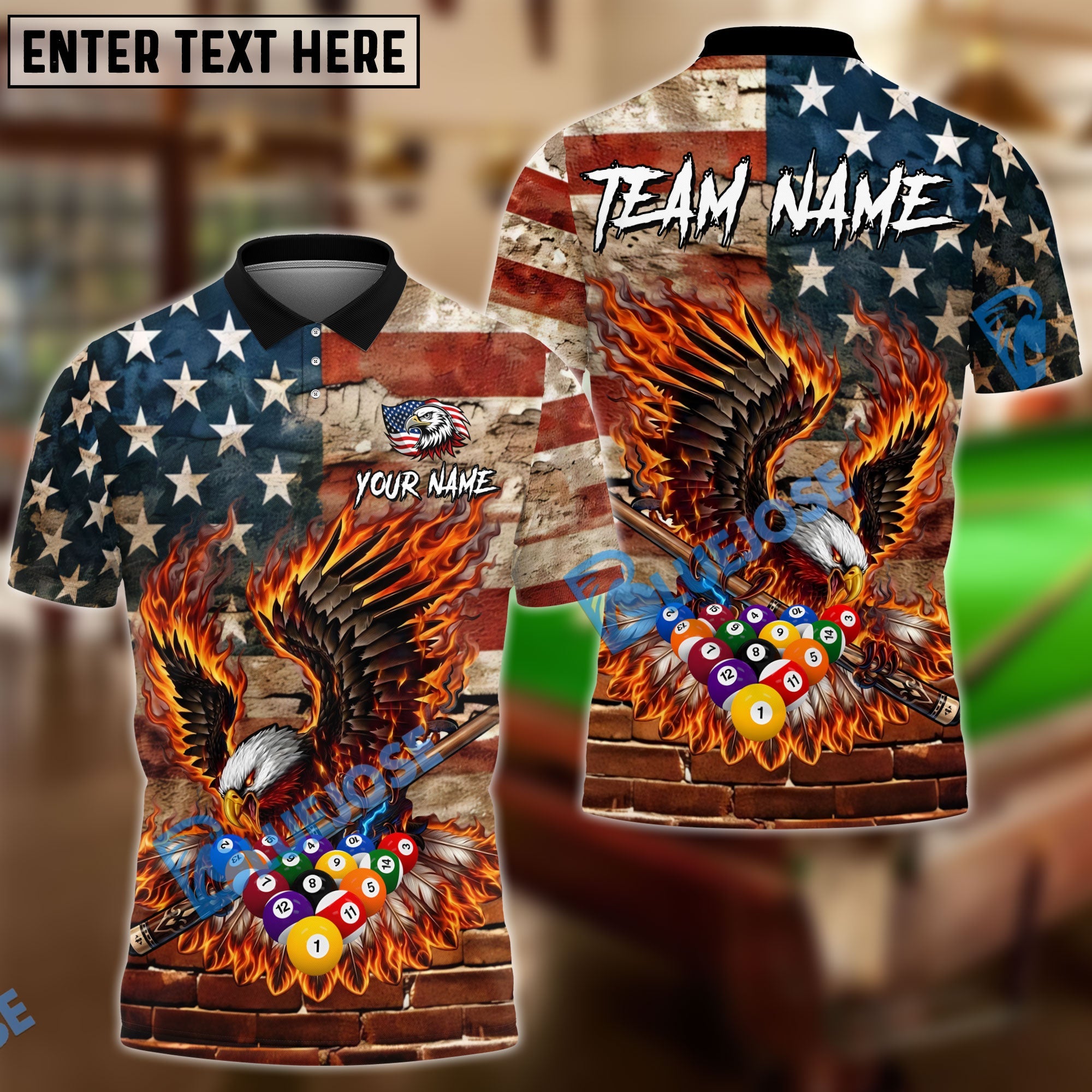 BlueJose Billiards 8 Ball Pride Flame Eagle Of America Grunge Brick Wall Personalized Name Shirt (4 Colors)