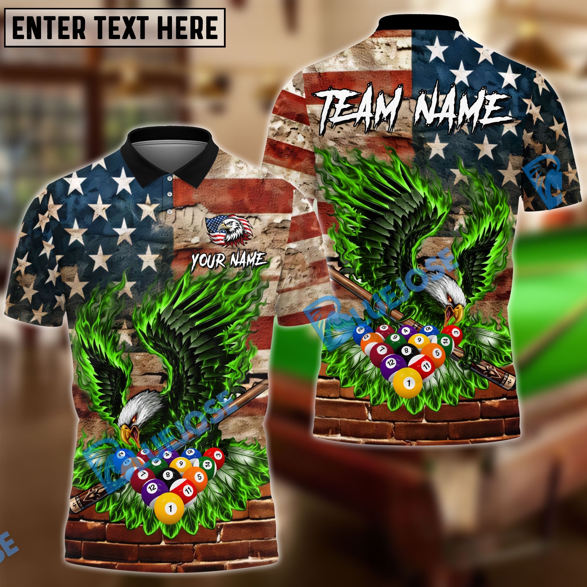 BlueJose Billiards 8 Ball Pride Flame Eagle Of America Grunge Brick Wall Personalized Name Shirt (4 Colors)