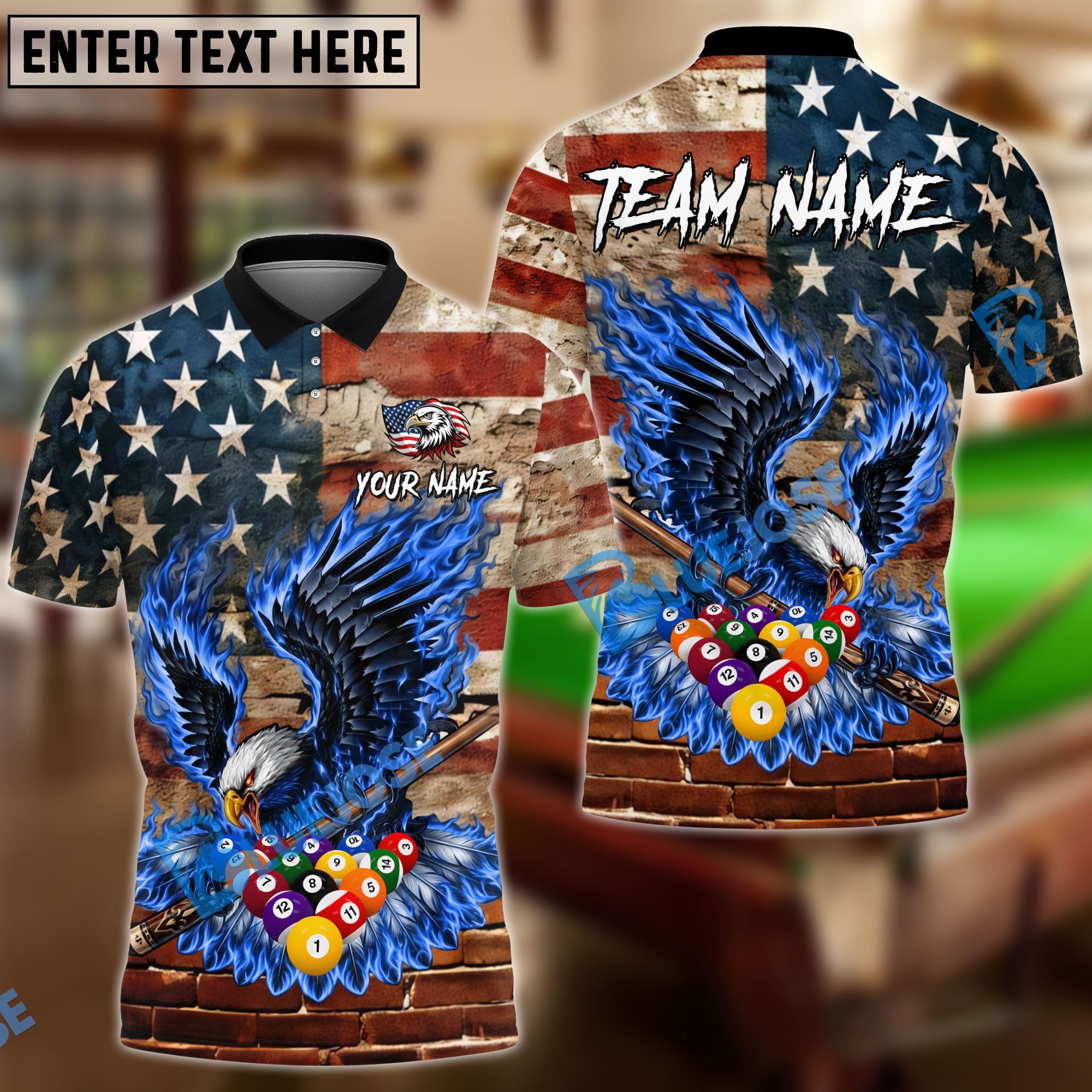 BlueJose Billiards 8 Ball Pride Flame Eagle Of America Grunge Brick Wall Personalized Name Shirt (4 Colors)