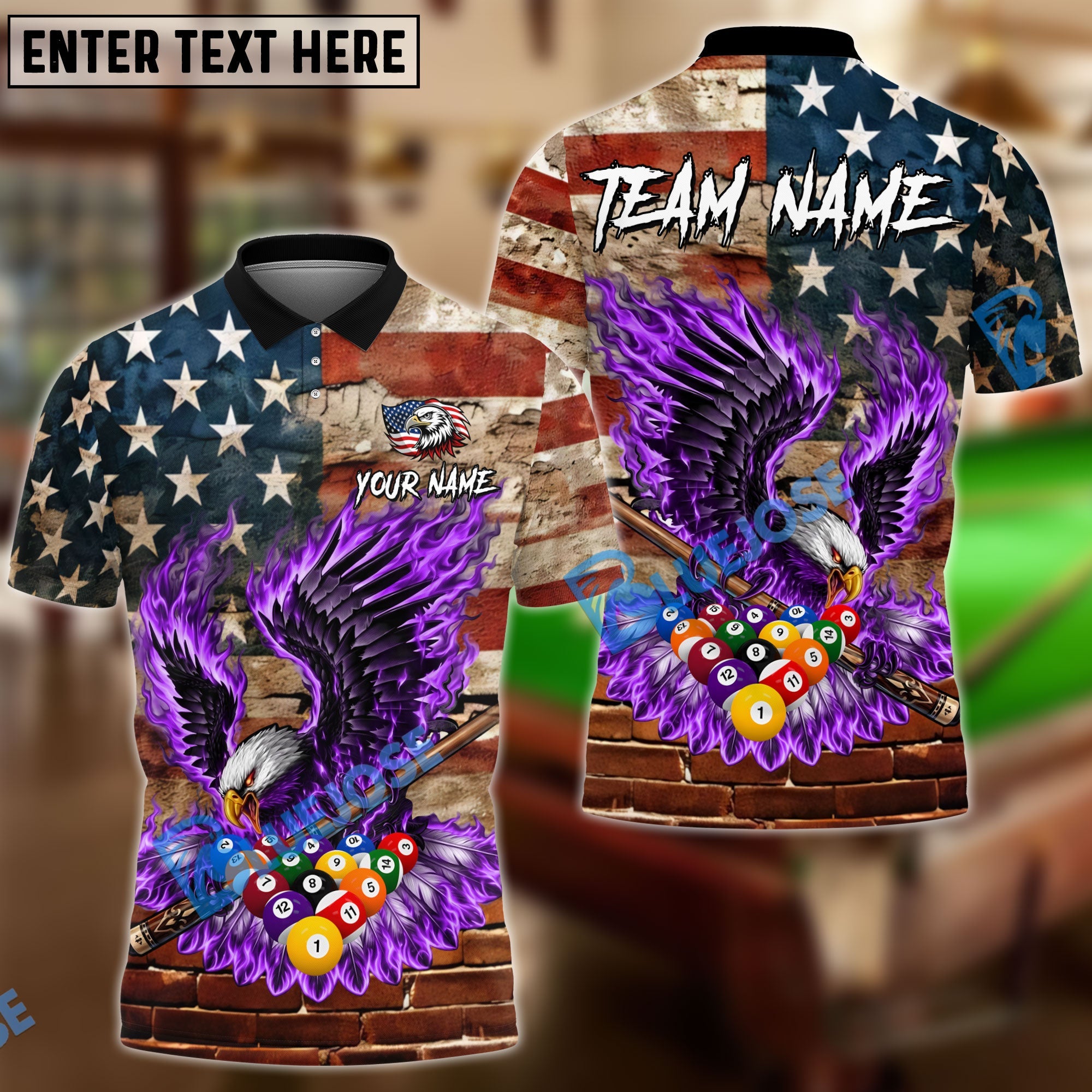 BlueJose Billiards 8 Ball Pride Flame Eagle Of America Grunge Brick Wall Personalized Name Shirt (4 Colors)