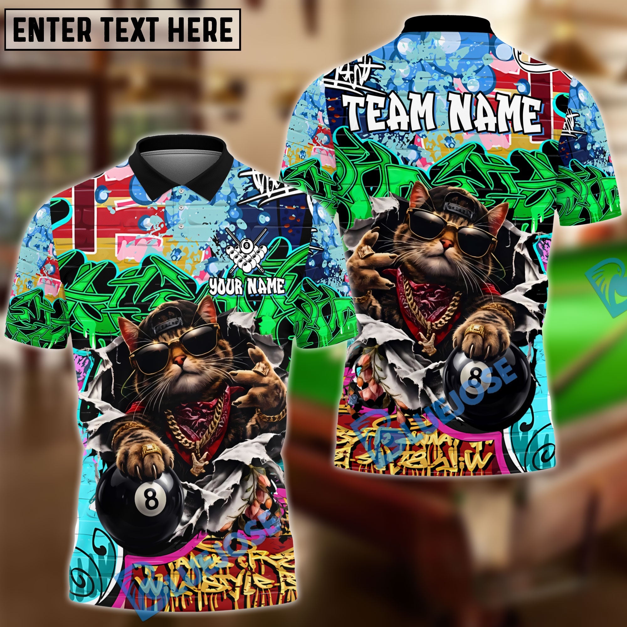BlueJose Billiards 8 Ball Graffiti Gangsta Cat Mew Personalized Name Shirt (4 Colors)