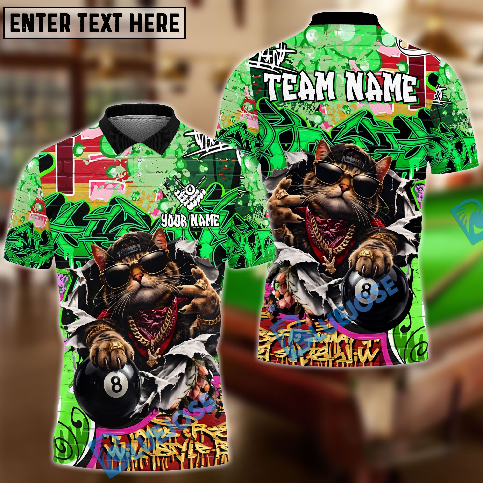 BlueJose Billiards 8 Ball Graffiti Gangsta Cat Mew Personalized Name Shirt (4 Colors)