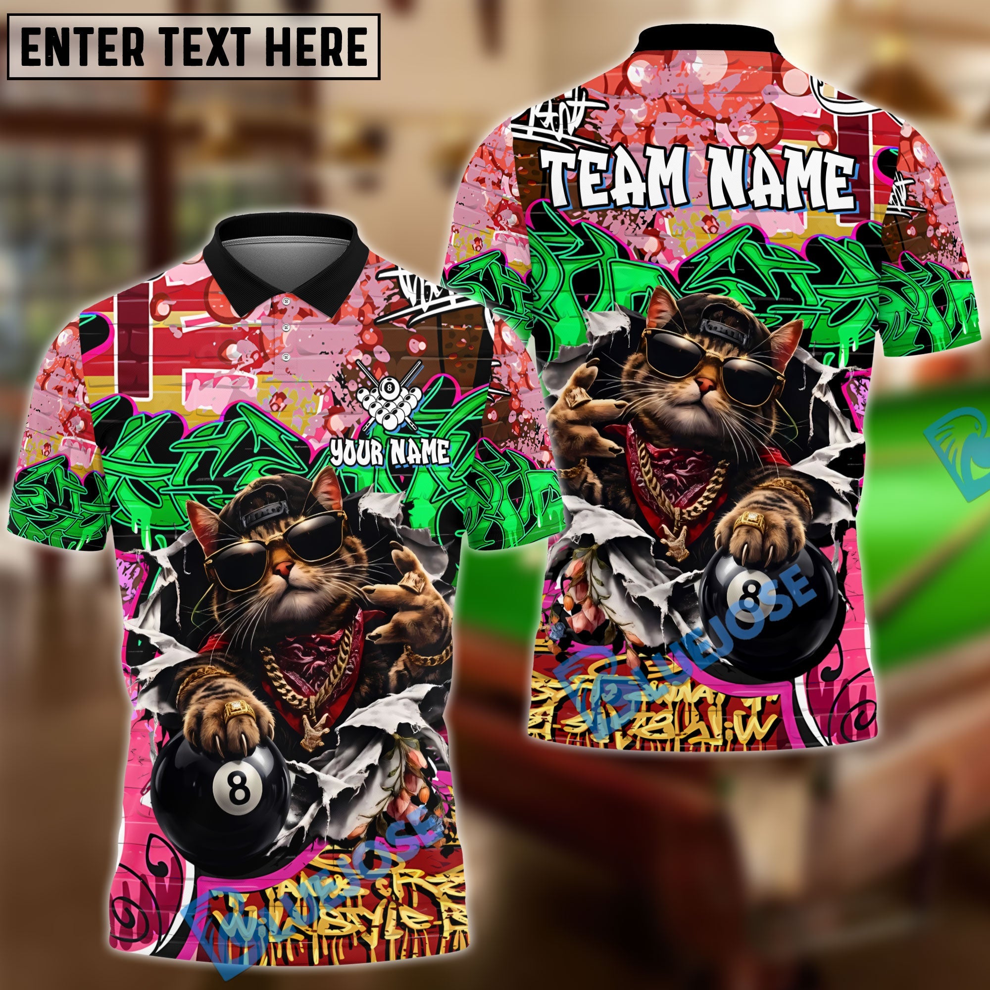 BlueJose Billiards 8 Ball Graffiti Gangsta Cat Mew Personalized Name Shirt (4 Colors)