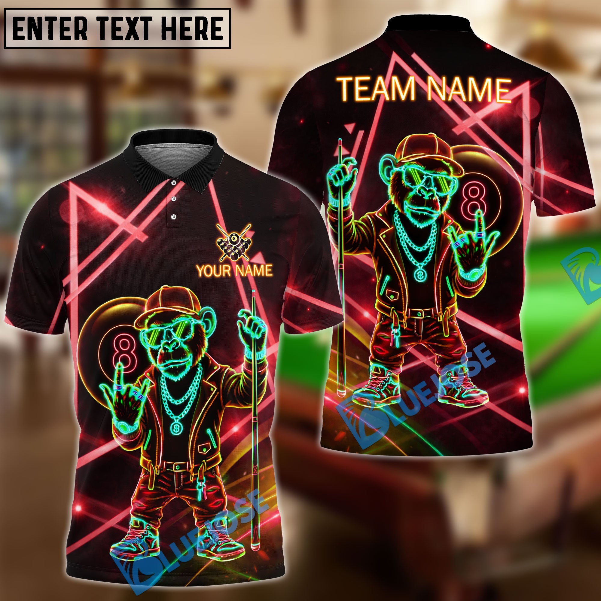 BlueJose Billiards 8 Ball Neon Monkey Retro Glow Personalized Name Shirt (4 Colors)