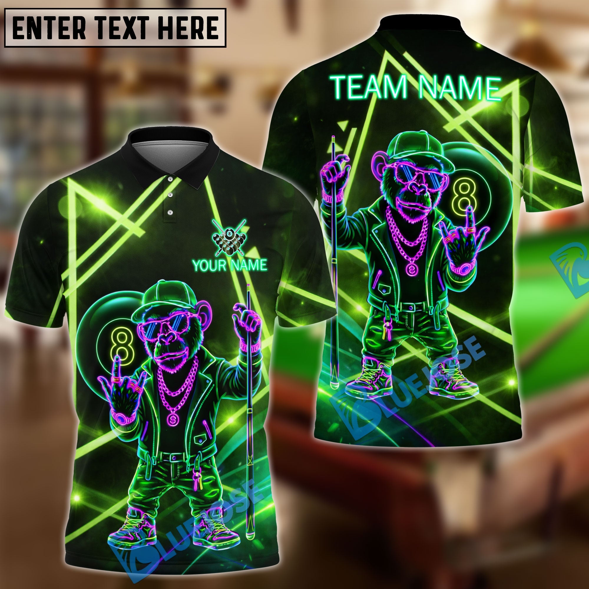 BlueJose Billiards 8 Ball Neon Monkey Retro Glow Personalized Name Shirt (4 Colors)